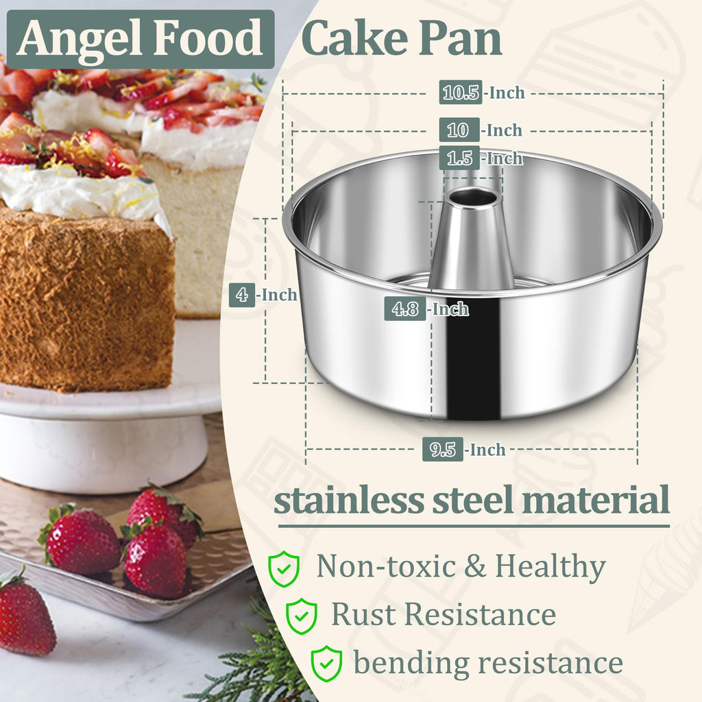 10-Inch Angle Food Cake Pan, HaSteeL Stainless Steel Tube Cake Pan, Pound Cake Mold for Pound Chiffon Cake, One-Piece & Hollow Design, Non-Toxic & Healthy, Mirror Finish, Dishwasher Safe