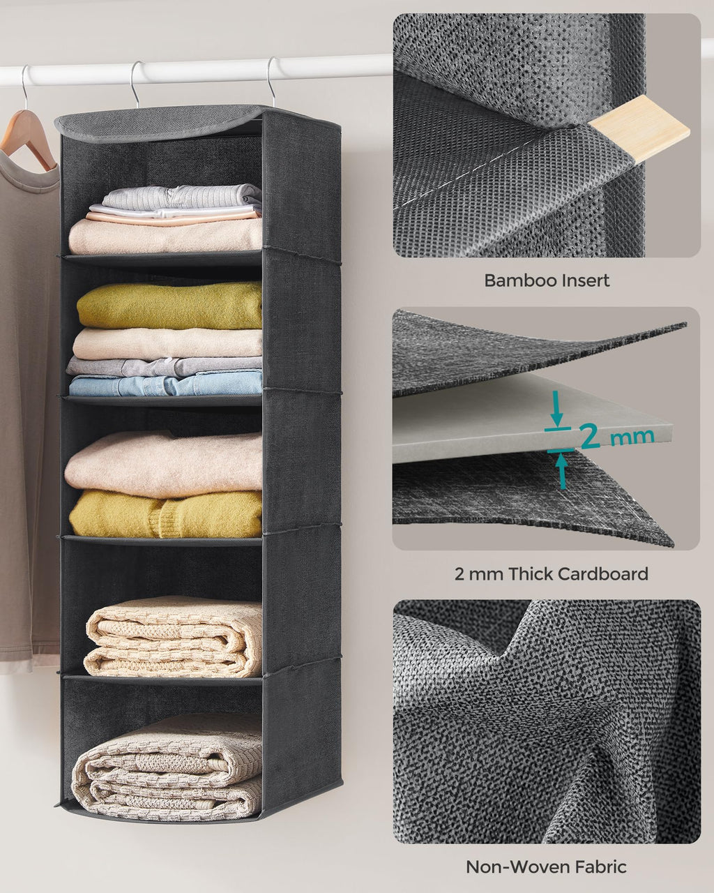 SONGMICS Hanging Closet Organizer, Set of 2, Hanging Storage Shelves, Space-Saving and Foldable, Metal Hooks and Bamboo Inserts, Gray