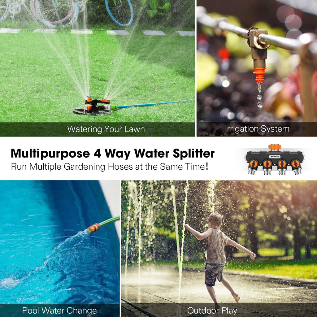 VIVOSUN Garden Hose Splitter 4 Way Heavy Duty Water Hose Connector, Water Hose Manifold, Faucet Adapter with Comfortable Rubberized Grip for Drip Irrigation, Lawns