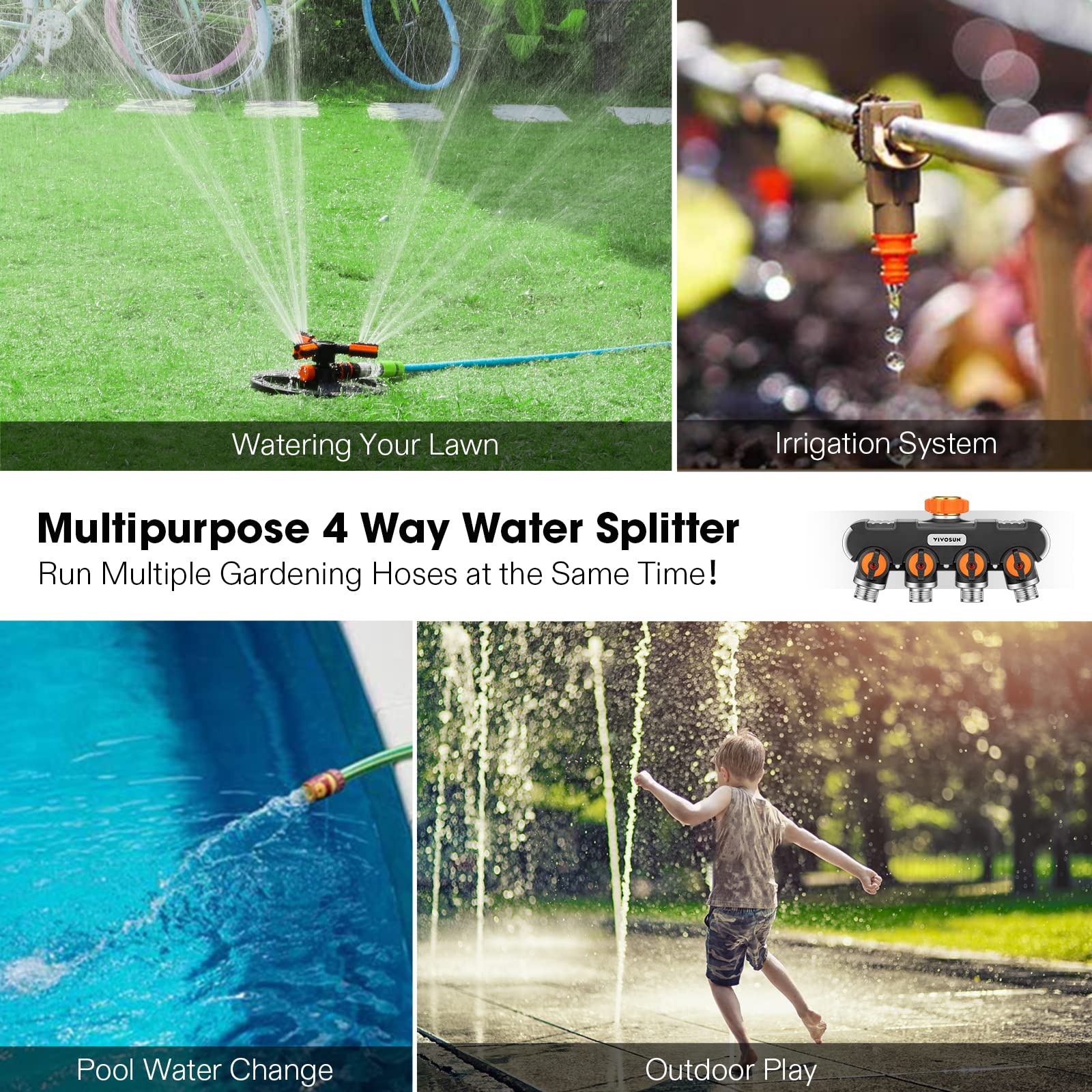 VIVOSUN Garden Hose Splitter 4 Way Heavy Duty Water Hose Connector, Water Hose Manifold, Faucet Adapter with Comfortable Rubberized Grip for Drip Irrigation, Lawns