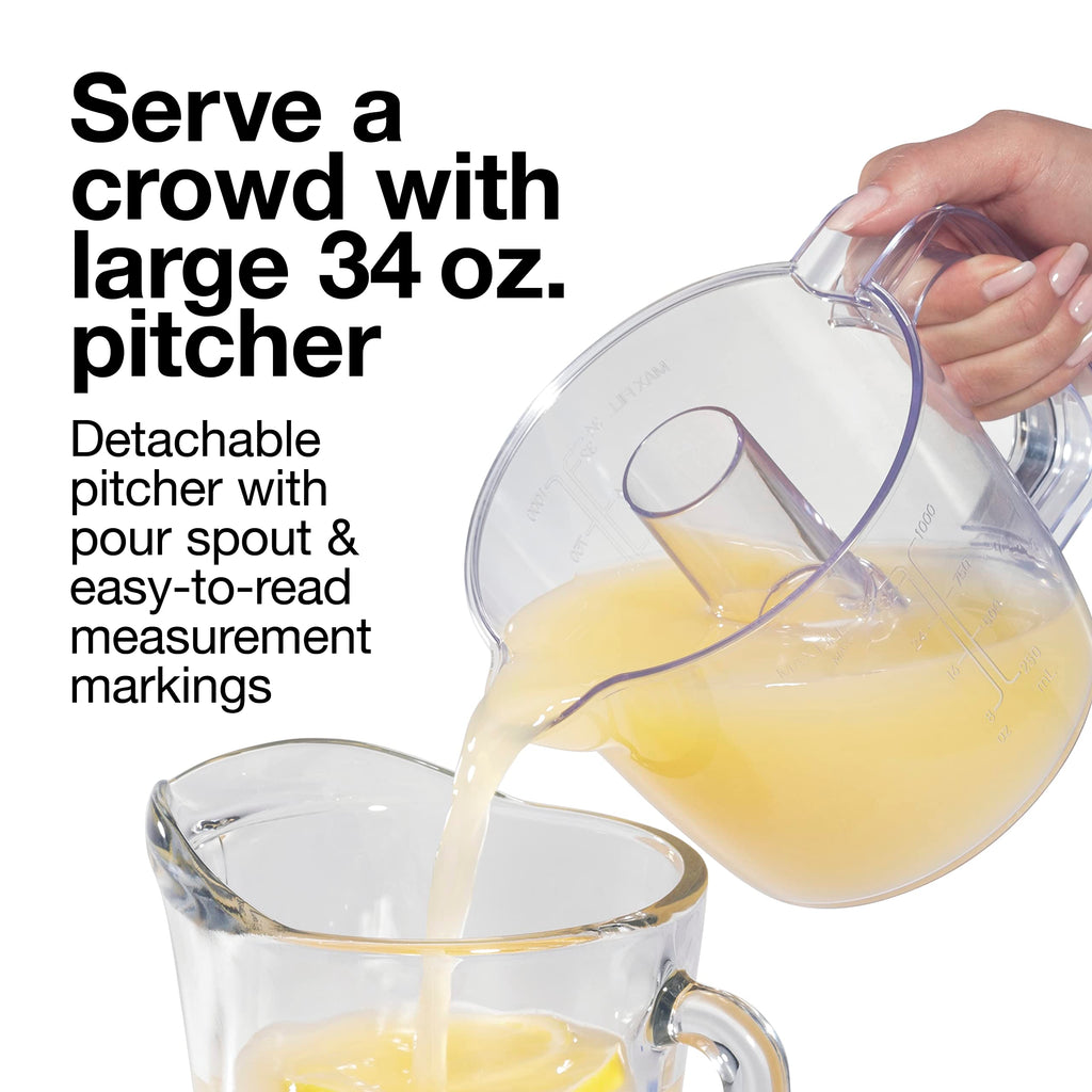 Proctor Silex Alex's Lemonade Stand Electric Citrus Juicer Machine, 34 oz. Pitcher, Pressure Activated, for Lemons, Limes and Oranges, With Reamers, pulp strainer& Lid, 30 Watts, Yellow (66341)