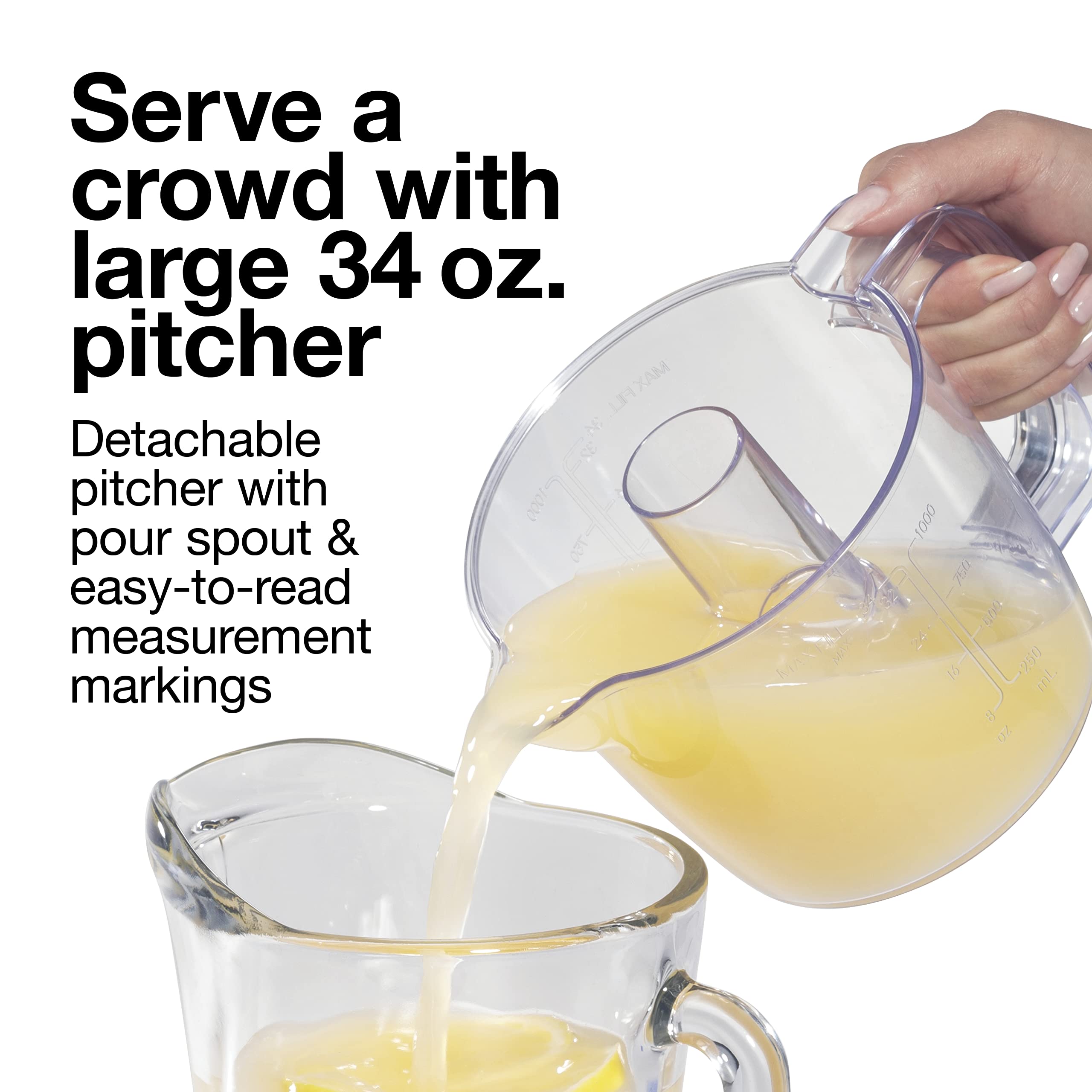 Proctor Silex Alex's Lemonade Stand Electric Citrus Juicer Machine, 34 oz. Pitcher, Pressure Activated, for Lemons, Limes and Oranges, With Reamers, pulp strainer& Lid, 30 Watts, Yellow (66341)