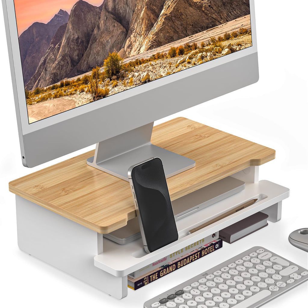 WELL WENG Monitor Stand Monitor Stand Riser for Desk,Wood Desk Shelf Storage Organizer with Phone Tablet Holder (16.5 Inch, White & Natural Bamboo)