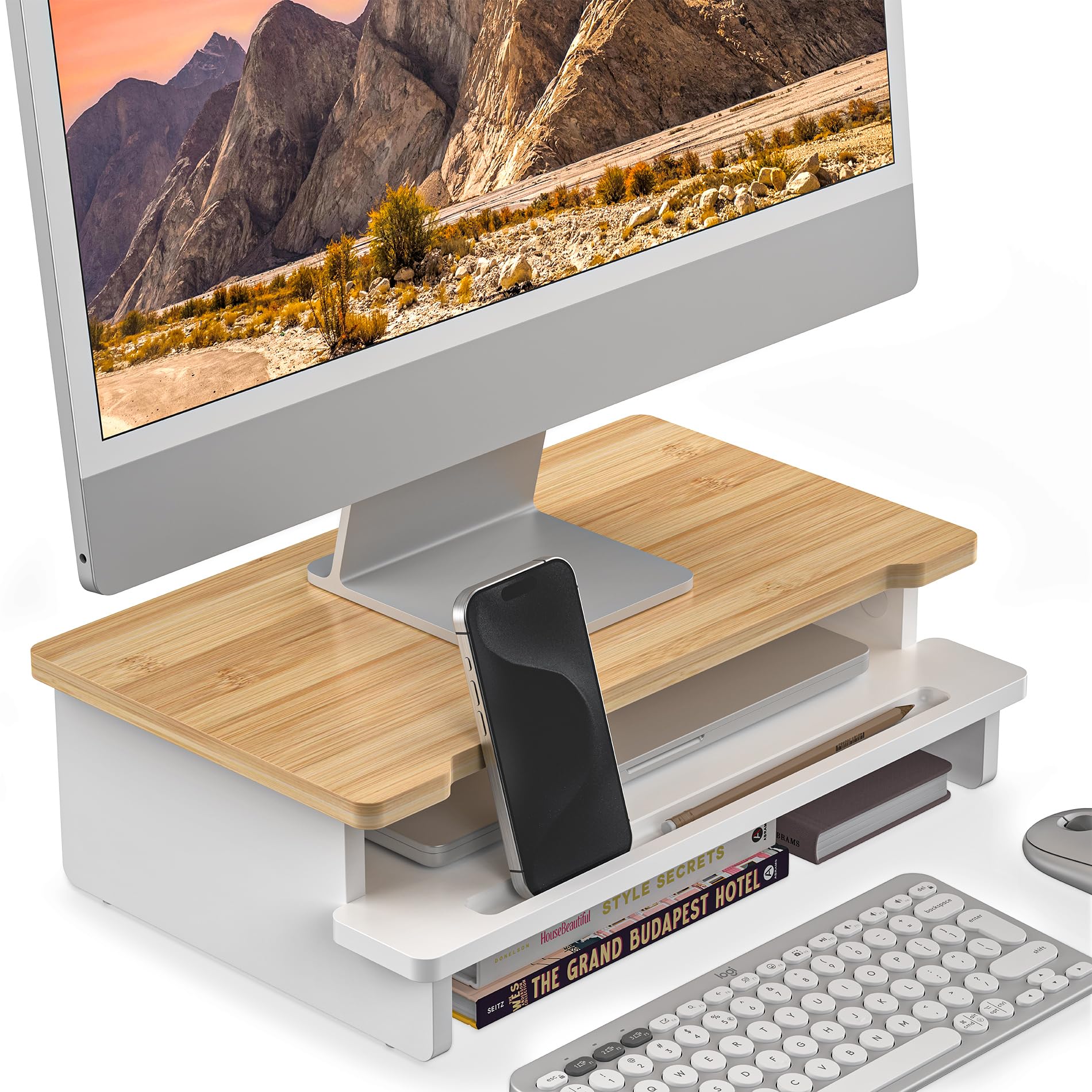 WELL WENG Monitor Stand Monitor Stand Riser for Desk,Wood Desk Shelf Storage Organizer with Phone Tablet Holder (16.5 Inch, White & Natural Bamboo)