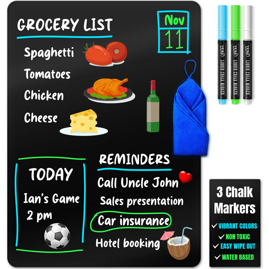 Magnetic Black Dry Erase Board for Fridge - 48 x 33 cm - Stain Resistant with 3 Magnetic, Fine Tip Neon Chalk Markers & Eraser - by Yes4Quality