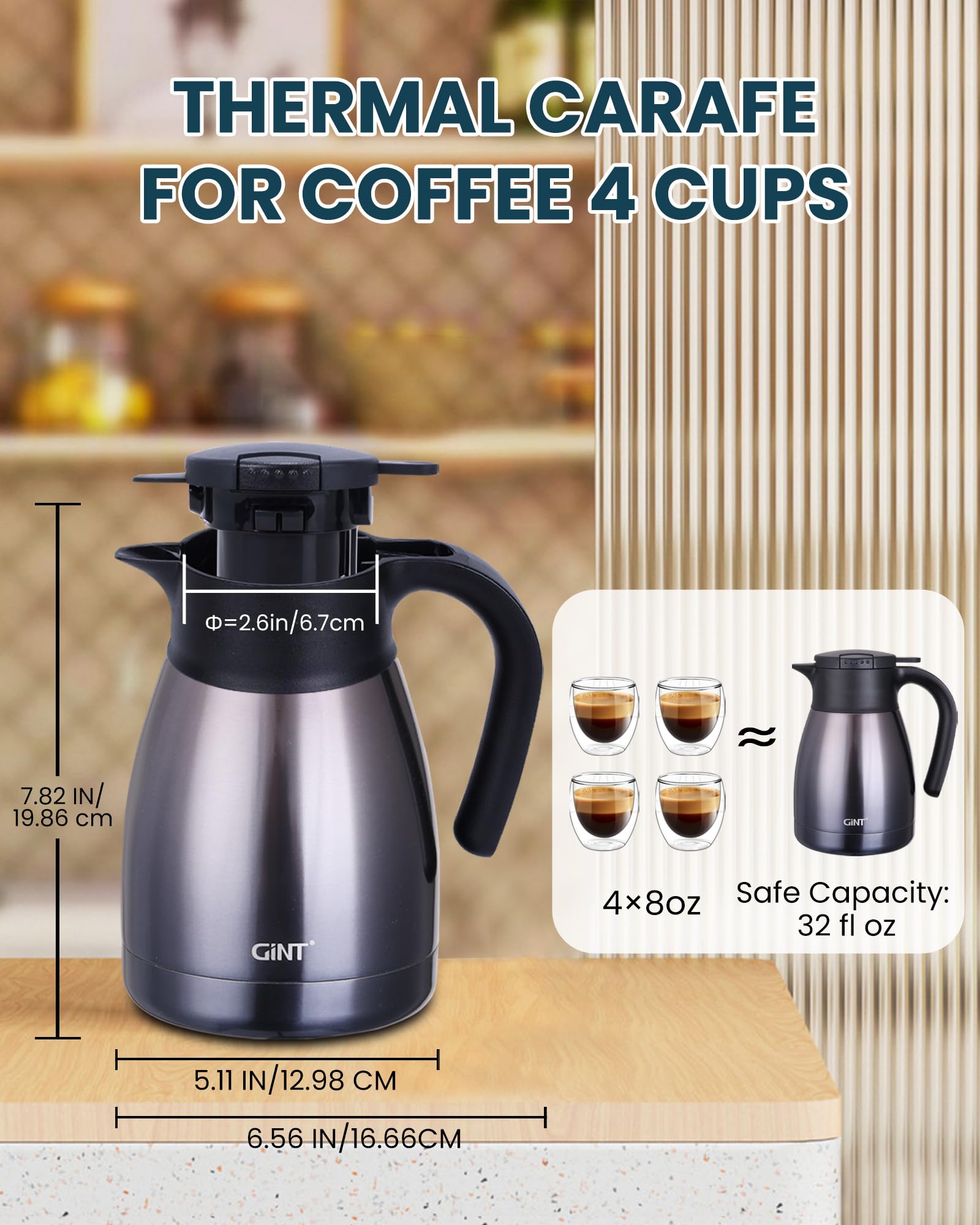 GiNT 1L/34Oz Thermal Coffee Carafe for Keeping Hot - Insulated Stainless Steel Carafe for Hot Liquids, Double Walled Vacuum Beverage Dispenser, 12 Hours Hot (Purple, 1L)
