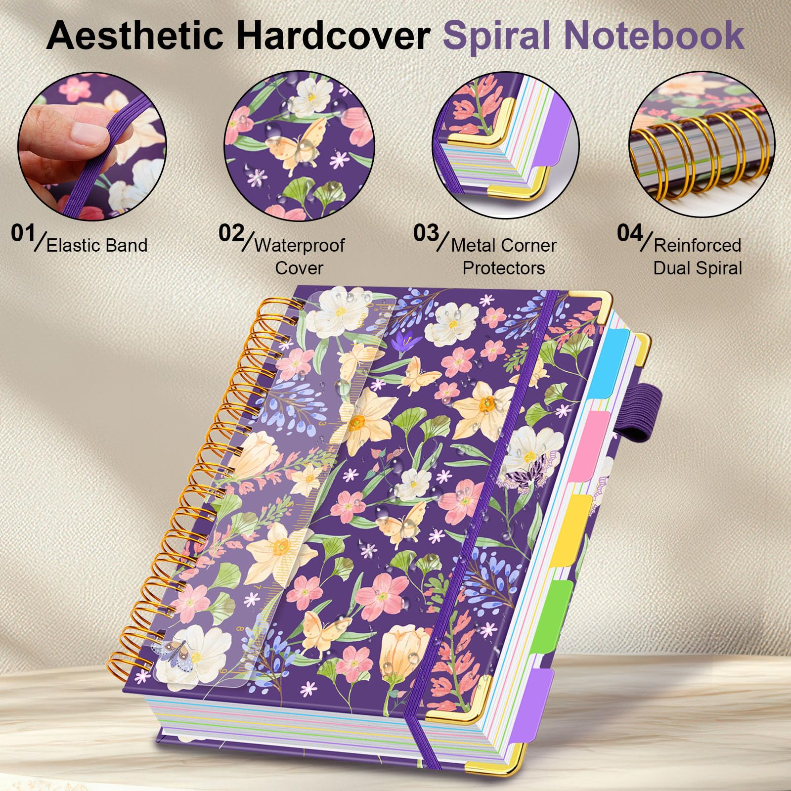 Spiral Journal Notebooks for Work, 300 Pages 5 Subject Notebook College Ruled with Dividers & Tabs, Notebook Journal for Women Students Note-Taking and Organizer (Purple Floral, B5(8"x10"))