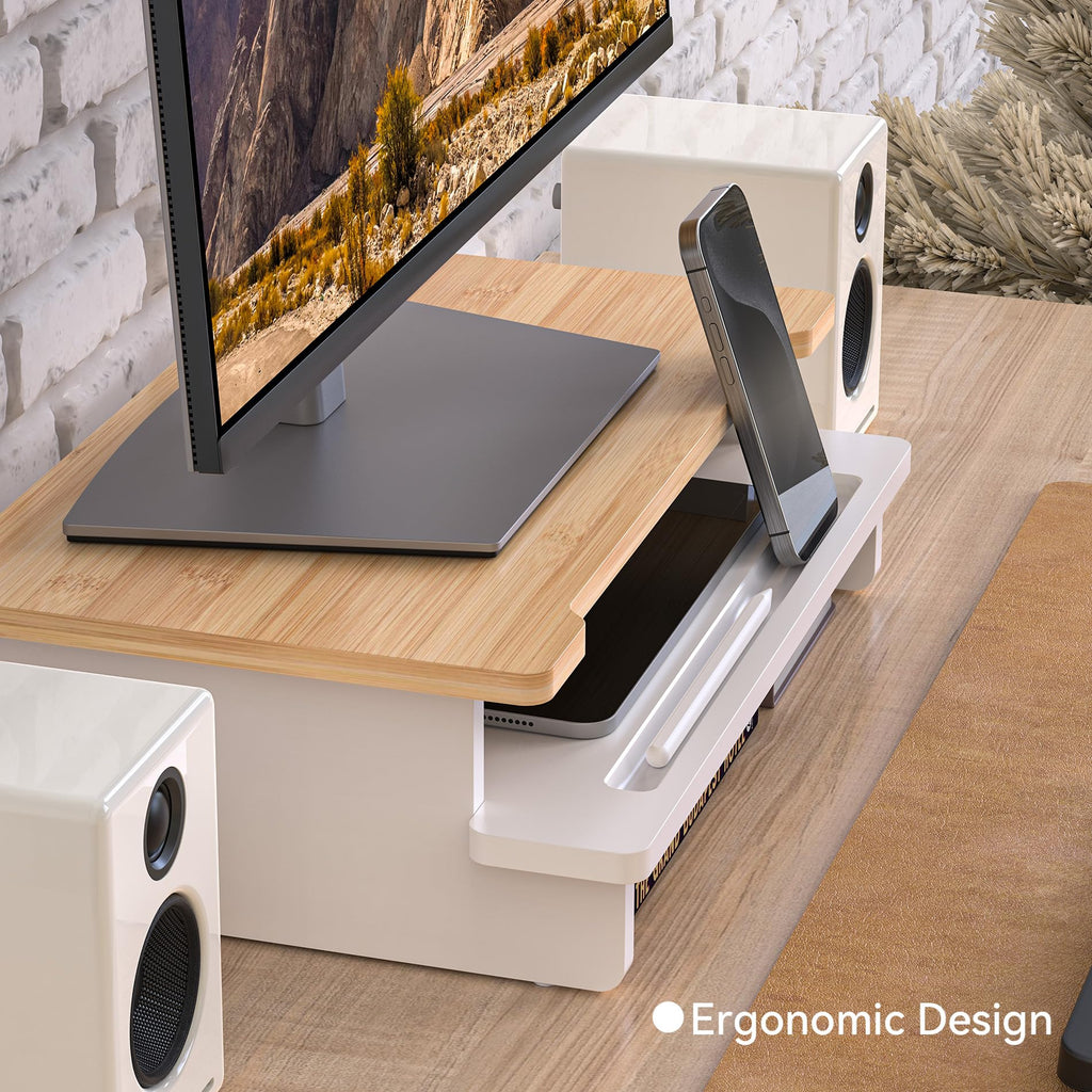 WELL WENG Monitor Stand Monitor Stand Riser for Desk,Wood Desk Shelf Storage Organizer with Phone Tablet Holder (16.5 Inch, White & Natural Bamboo)
