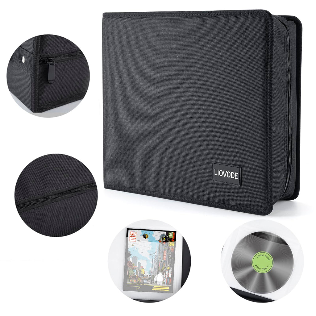 LIOVODE DVD Case 200 DVDs and 100 Booklets, CD Storage Case Holder with Booklet Inserts Binder Blu ray Media Organizer Black CD Wallet for Car (200 Capacity)