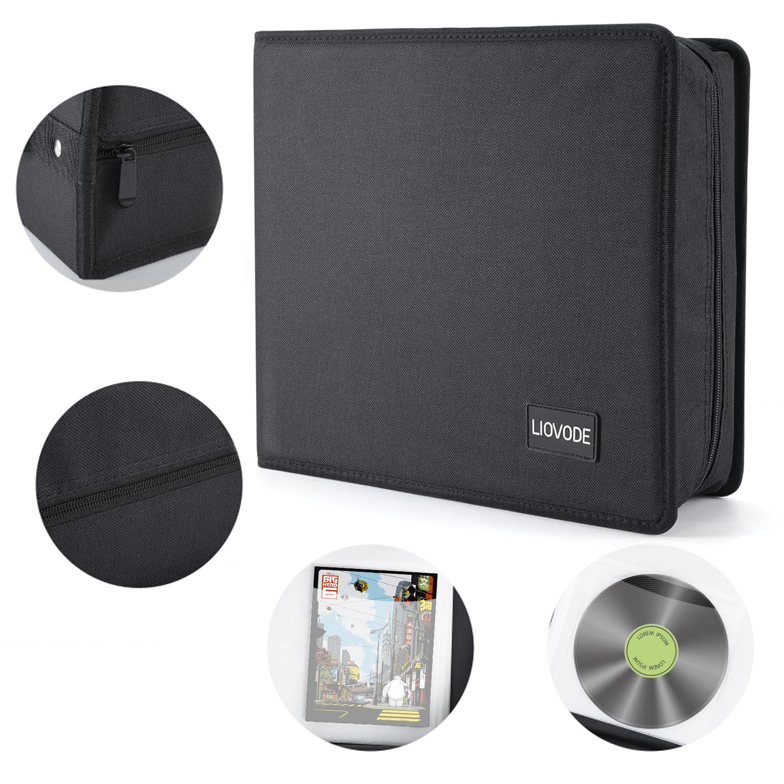 LIOVODE DVD Case 200 DVDs and 100 Booklets, CD Storage Case Holder with Booklet Inserts Binder Blu ray Media Organizer Black CD Wallet for Car (200 Capacity)