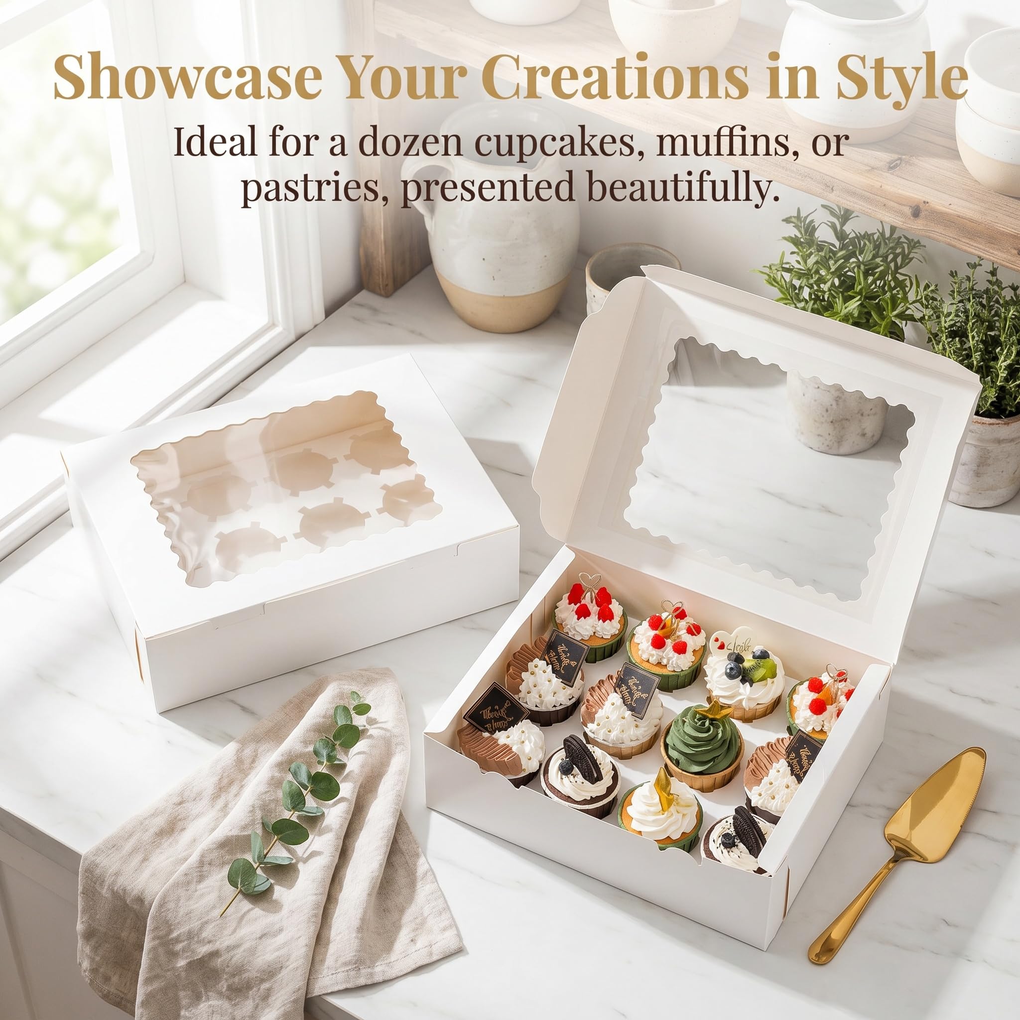 Jucoan 20 Pack Cupcake Boxes 12 Counts White Paper Cupcake Container with Inserts and Window, Bakery Container Dozen Cupcake Carrier Boxes for Muffins, Cookies, Pastry