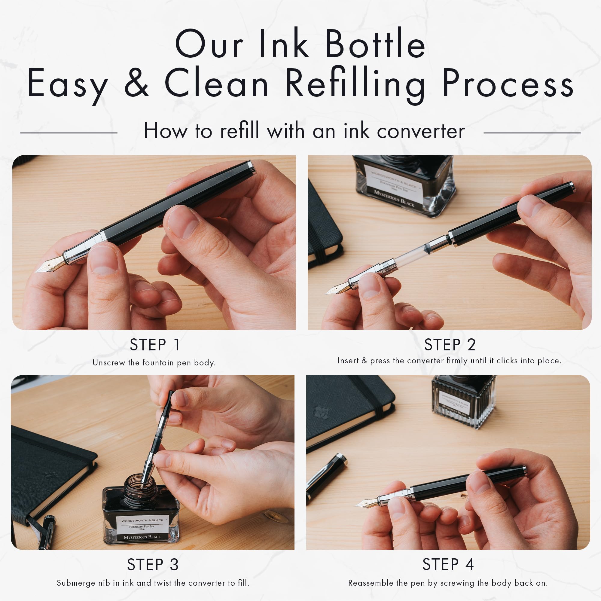 Wordsworth and Black Fountain Pen Ink Bottle (50 ml) Premium Luxury Edition, [Mysterious Black] Fountain Pens Bottled Ink; Classic Designed Bottle Smooth Flow 50 ml