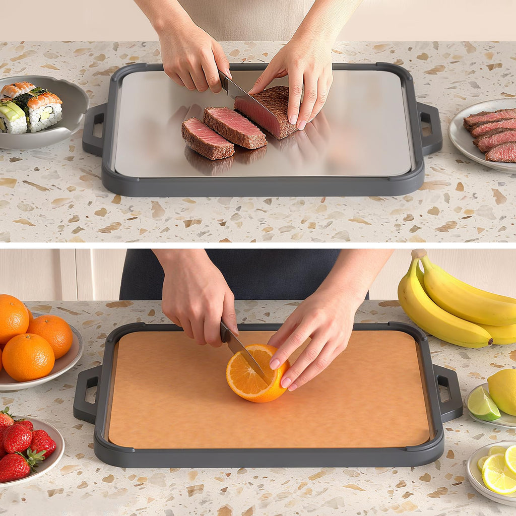 GUANCI Titanium Cutting Board for Kitchen Double Sided Chopping Board Food-Grade Pure Titanium/Wood Fiber Composite with Juice Groove Dishwasher Safe for Meat/Vegetables/Fruit 16" L x 11" W
