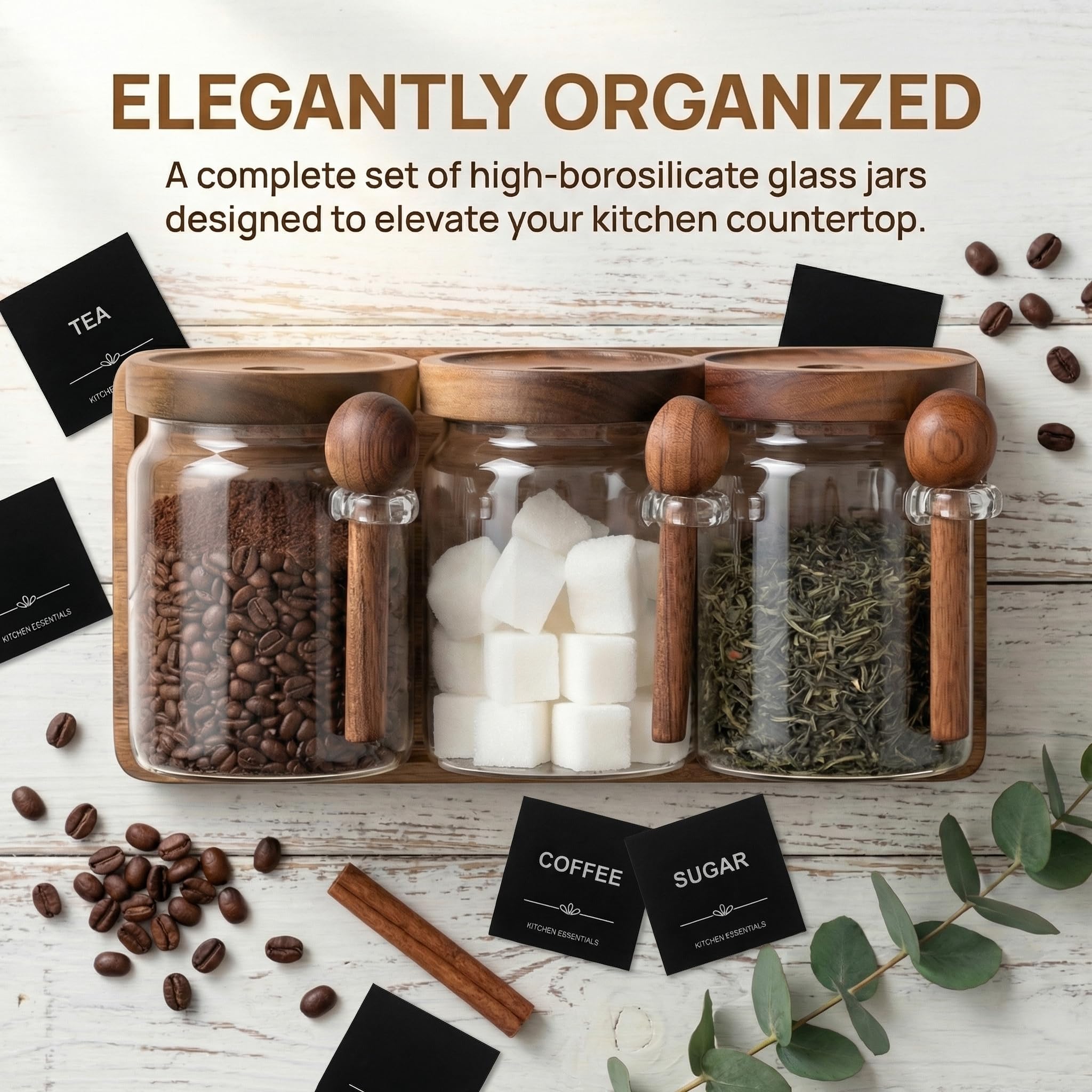 Glass Tea Coffee Sugar Canisters Set, 21oz/600ml Airtight Glass Storage Jars with Lids, Scoops, Labels & Tray, Kitchen Countertop Storage Containers