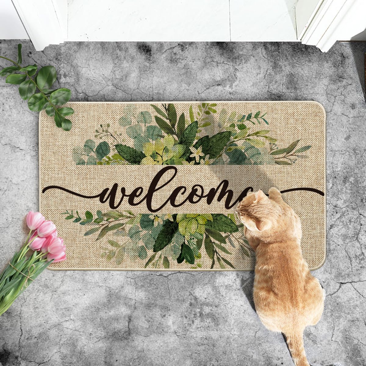 Artoid Mode Eucalyptus Floral Leaves Welcome Spring Doormat, Summer Decor Low-Profile Switch Rug Door Mat Floor Mat for Indoor Outdoor 17x29 Inch