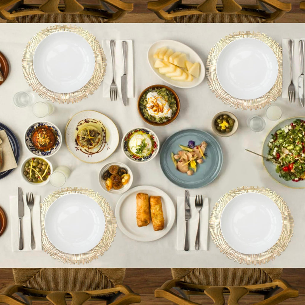 Pumtus 12 Pack 15 Inch Gold Round Placemats, Pressed Vinyl Metallic Place Mat, Non-Slip Hollow Out Dinning Table Mats for Table Decor, Wedding Accent Centerpiece, Christmas, Kitchen Decoration