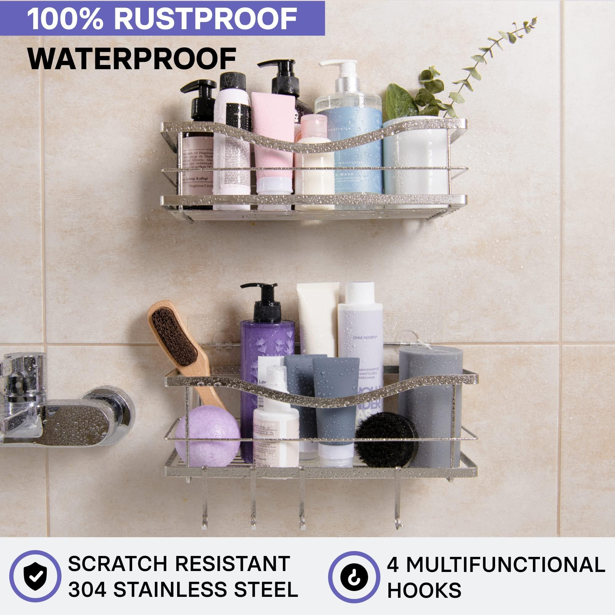 KINCMAX Premium Shower Caddy, Self Adhesive Wall Shower Organizer, 2-Pack No Drill Bathroom Shower Shelves for Inside Shower, Rustproof Stainless Steel Shampoo Holder, Shower Storage Rack, Silver