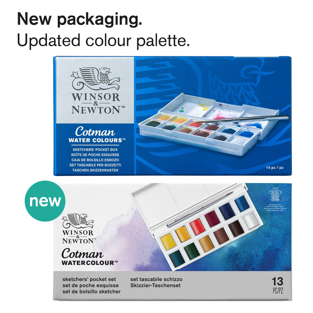 Winsor & Newton Cotman Water Colour Paint Sketchers’ Pocket Box, Half Pans, 13 Count (12 Colors and a Brush)