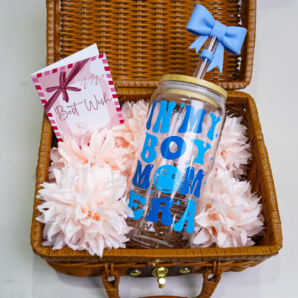 ANOTION in My Boy Mom Era Gift Set - Boy Mom Iced Coffee Cups, Mothers Day Coffee Mug with Straw, New Mom Gifts, Mother's Day Card, Mama Birthday Gift, Glass Tumbler Drinking Cup for Mother