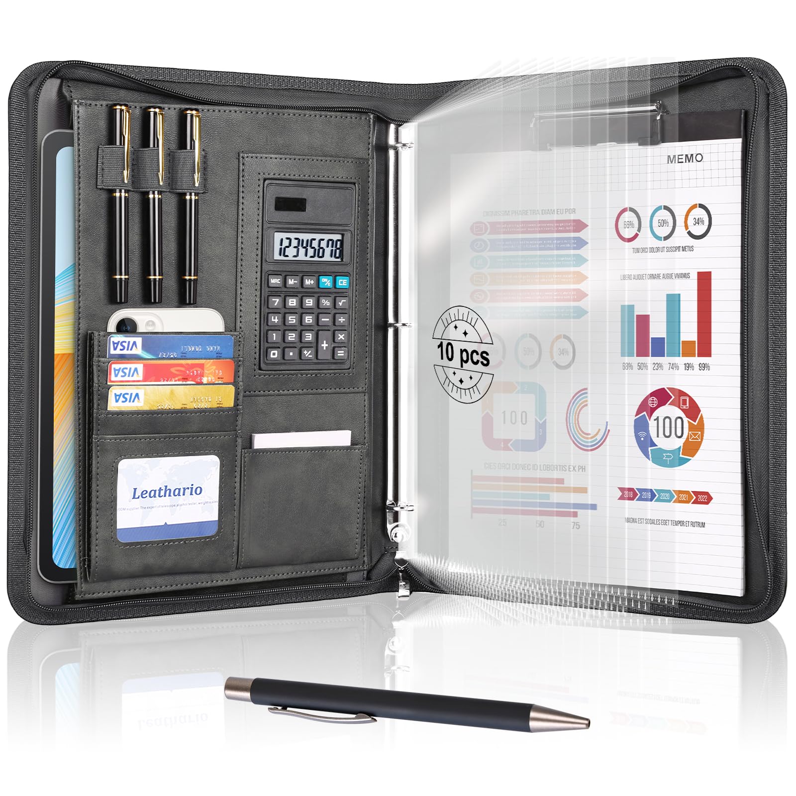 Leathario Portfolio, Vegan Leather 3-Ring Zipper Binder, Includes 10 Clear Sheet Protectors and a Pen, Multi-Pocket A4 Padfolio Folder for Tablets, Files and Business Documents, Office Supplies