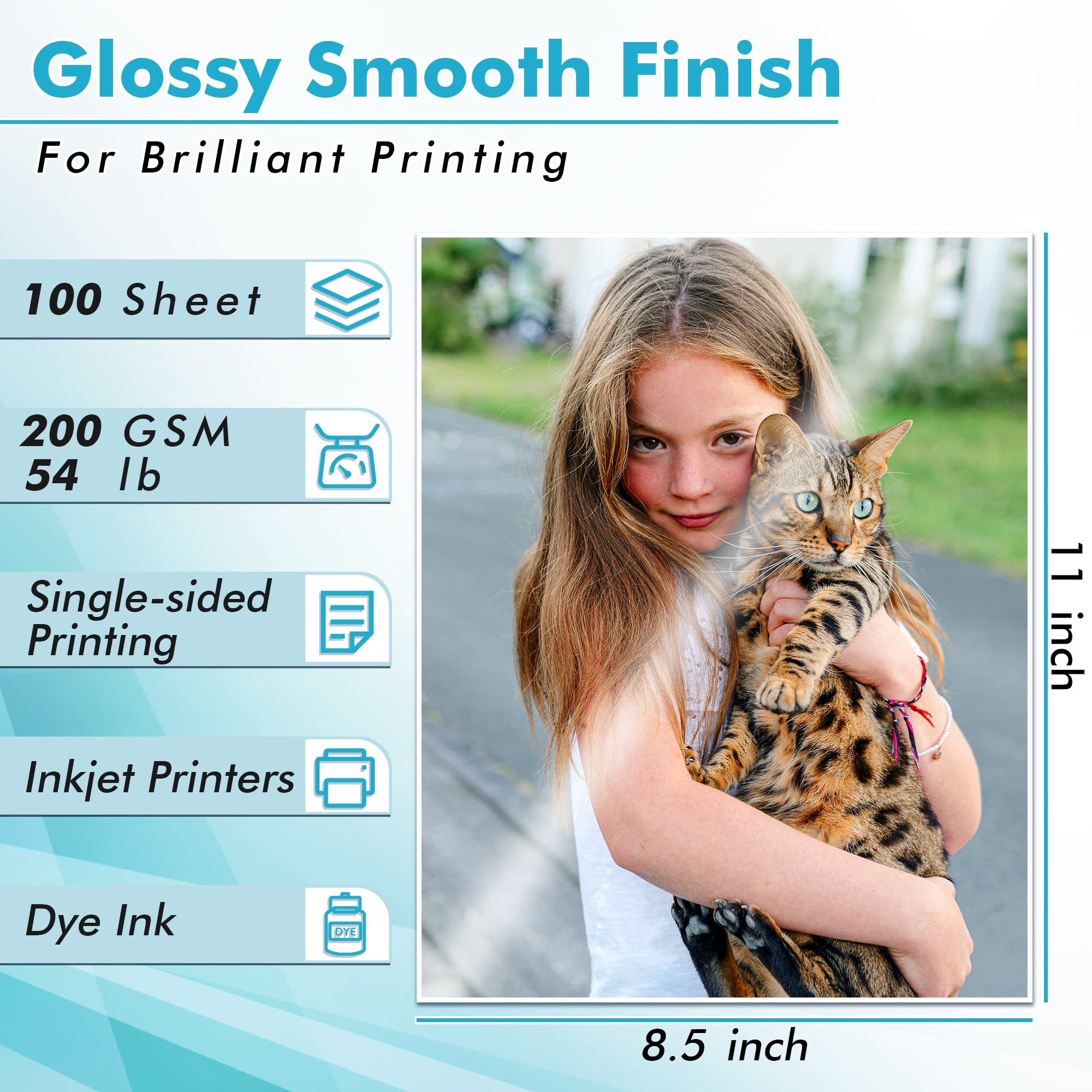 Koala Glossy Inkjet Photo Paper Thick 8.5X11 Inches 100 Sheets 54lb for Inkjet Printer DYE Ink for Family Photos Letter Size Picture Paper 200gsm