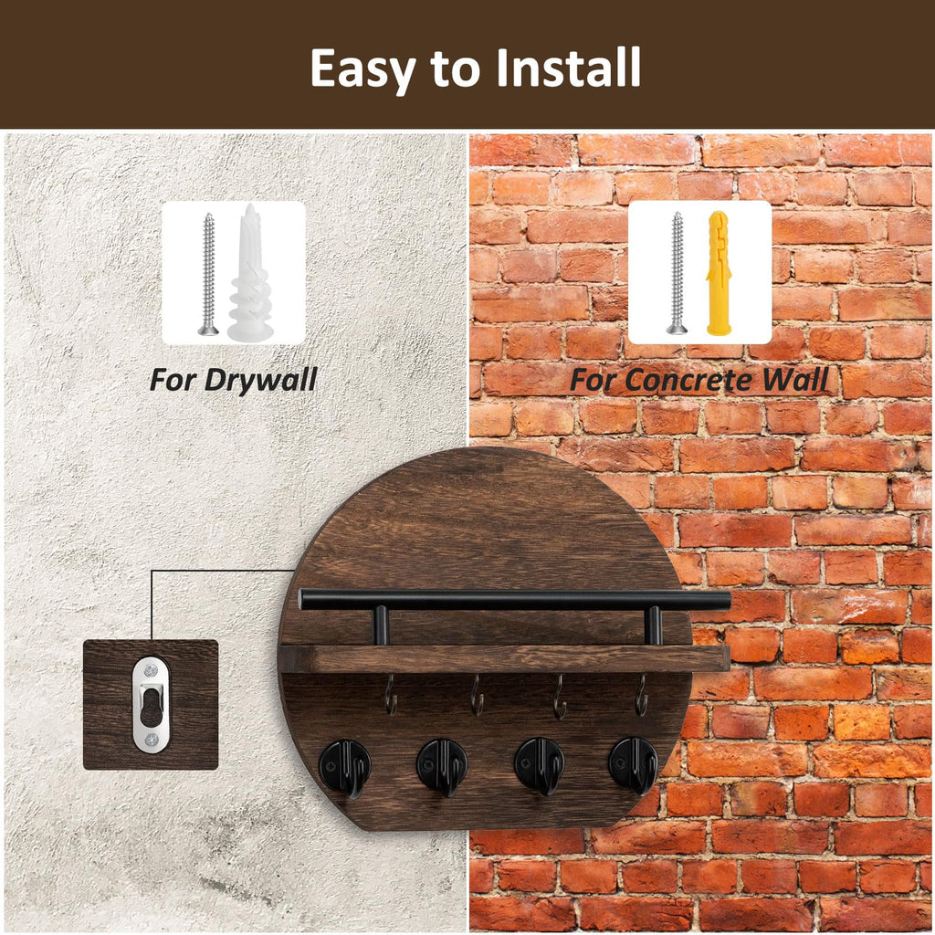 Nekon Key Holder for Wall - 9.8 Inch Apartment Wall Decor with Shelf and 8 Key Hooks, Circular Wood Key Hanger for Home Decor (Brown)