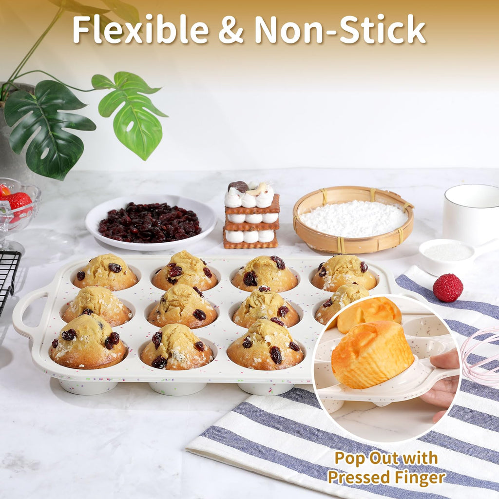 Silicone Muffin Tray(2-Pack) – Premium Heavy-Duty Silicone 12-Cup Muffin Pan for Baking, Non-Toxic,Nonstick & Easy Clean, Food Grade Cupcake Molds for Oven, Freezer & Dishwasher Safe