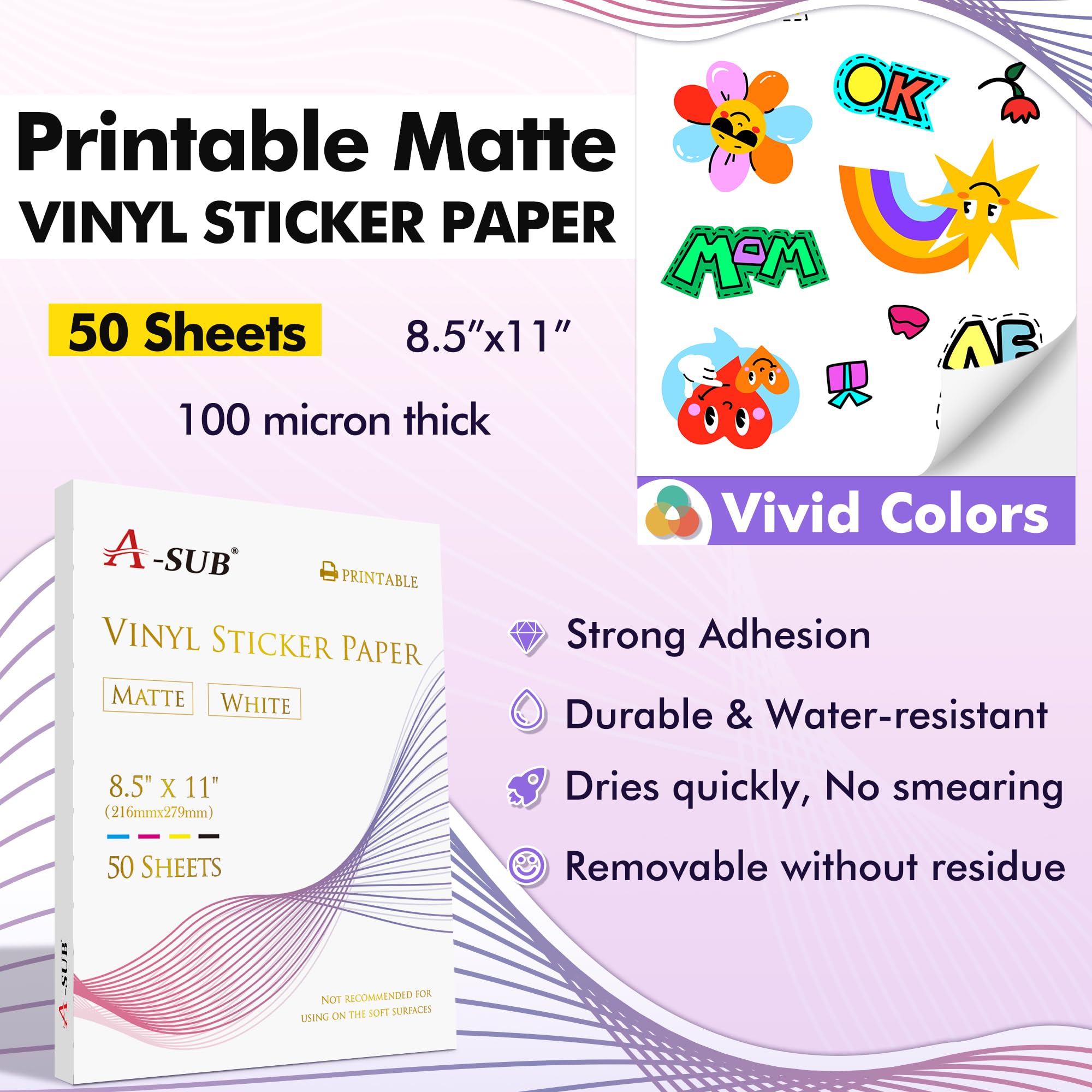 A-SUB Premium Printable Vinyl Sticker Paper for Inkjet Printers, 50 Sheets Matte White Waterproof Sticker Paper 8.5x11 Inch for Making Your Own Stickers at Home