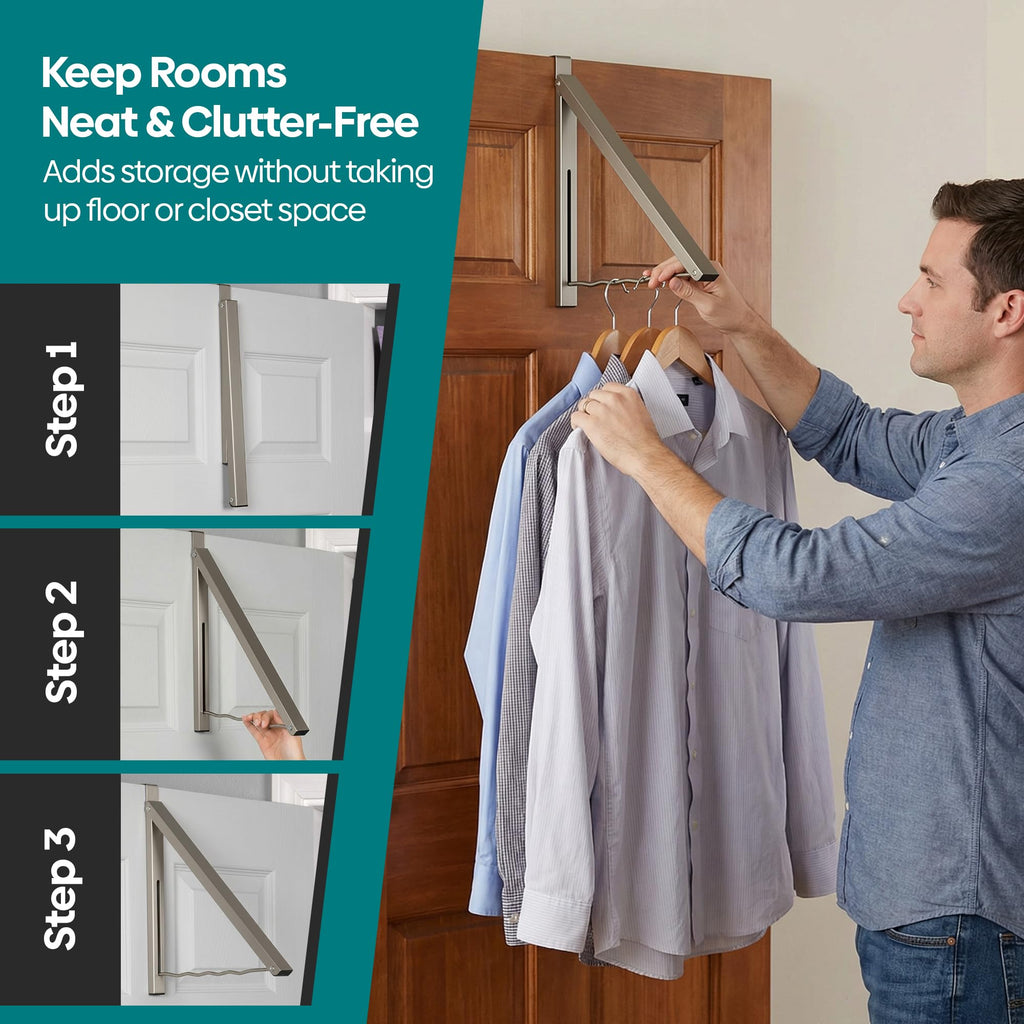 Over The Door Hanger - Closet Hanger Retractable Collapsible Folding Hanging Rack Organizer for Clothes & Towels Ideal for Bathrooms, Dorm Rooms Etc. - Satin Nickel (Includes one Hook)