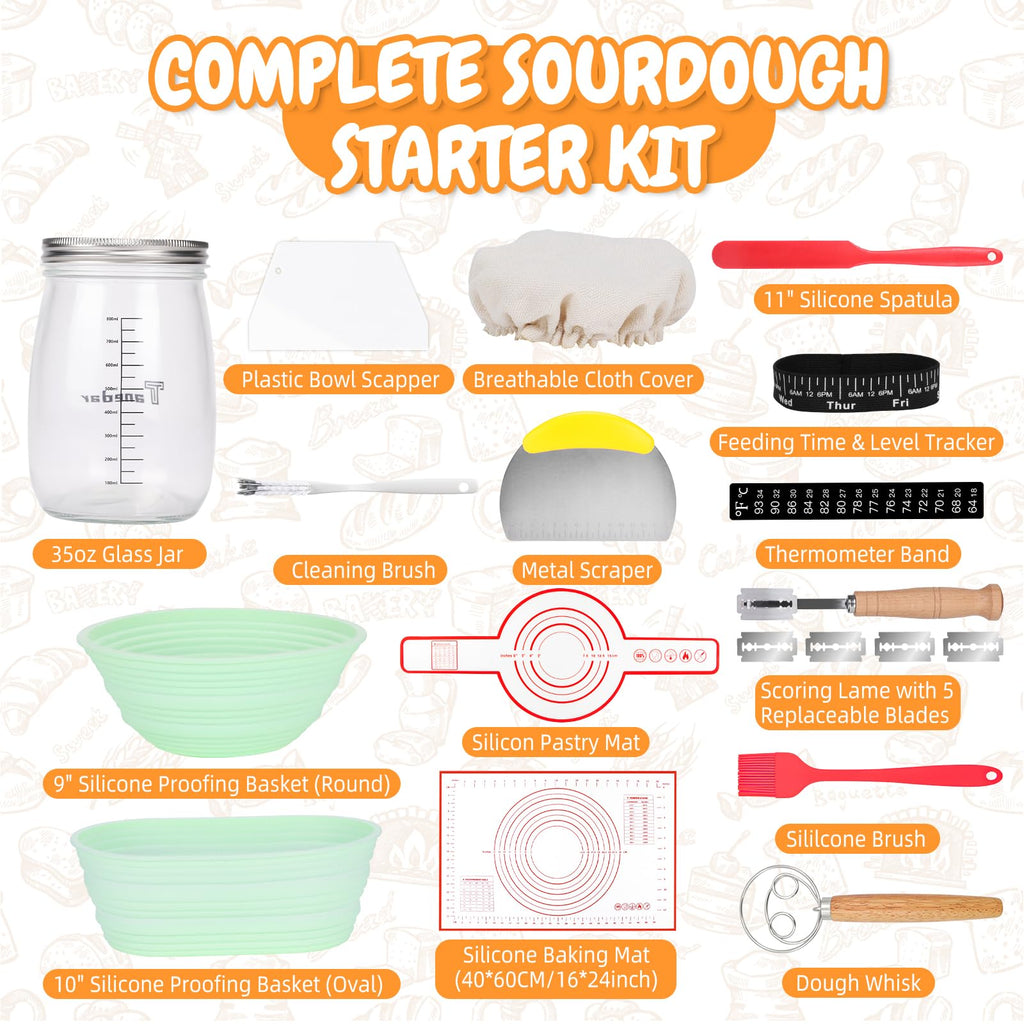 Complete Sourdough Bread Starter Kit with 35OZ Jar, All-in-One Sourdough Starter Kit, 2 Silicone Proofing Baskets, Non-Stick Baking Mat & 15-Piece Baking Tools Set - Includes Dough Scraper, Lid & More