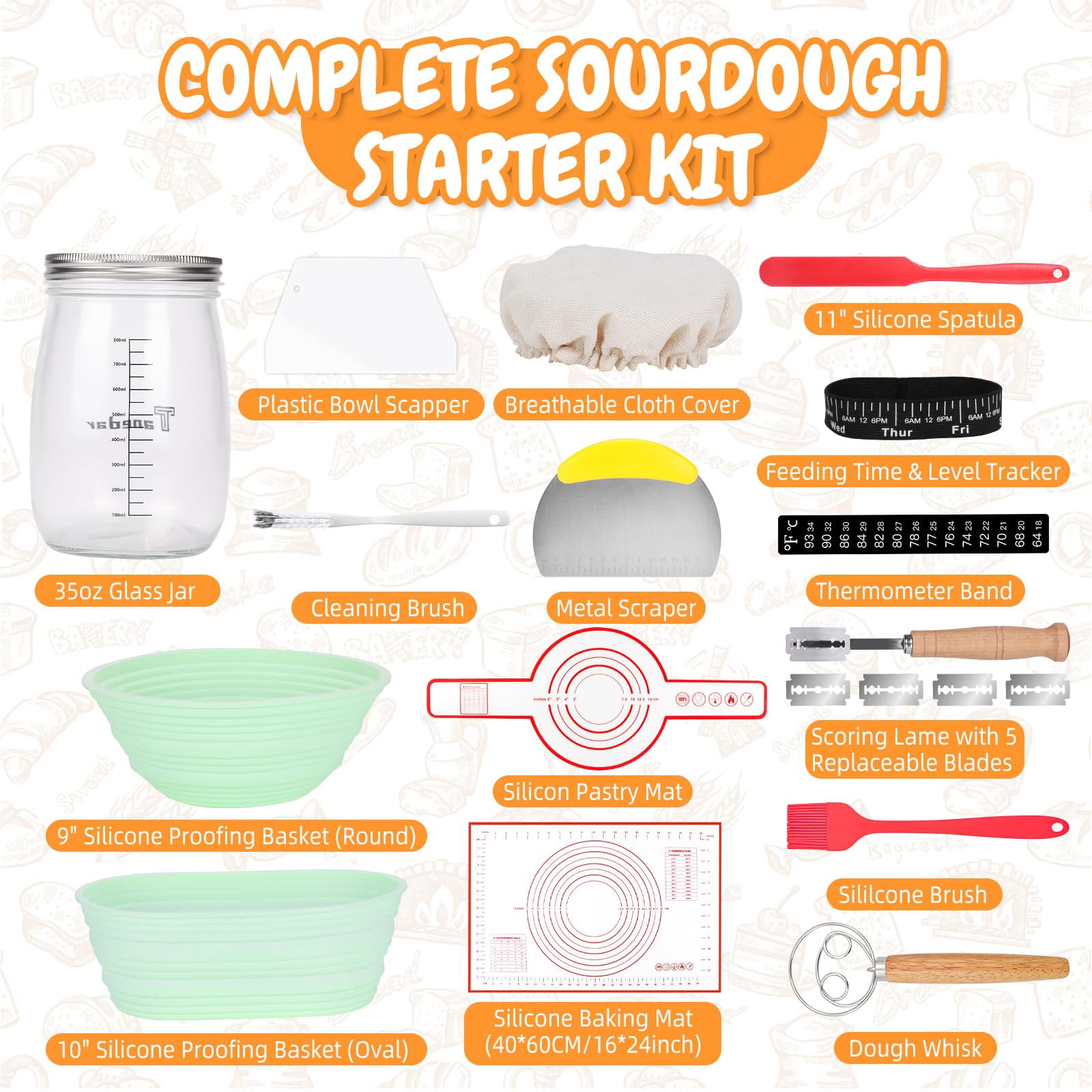 Complete Sourdough Bread Starter Kit with 35OZ Jar, All-in-One Sourdough Starter Kit, 2 Silicone Proofing Baskets, Non-Stick Baking Mat & 15-Piece Baking Tools Set - Includes Dough Scraper, Lid & More