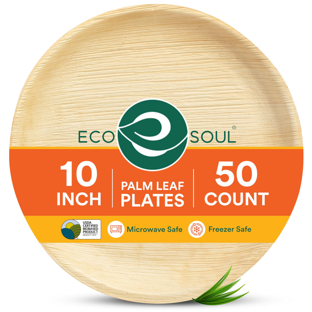 ECO SOUL 10 Inch Disposable Palm Leaf Plates [50 Pack] Premium Food-Safe Heavy Duty Compostable Bamboo Paper Plates for Lunch, Dinner, Birthday, Weddings, Party, Camping & Catering Events [Round]