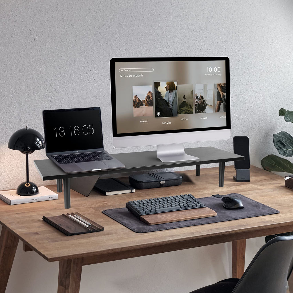 Dual-Monitor-Stand-Riser-For-Desk Adjustable Length 32-40 Inch，Large Desktop Computer Monitor Riser For 2 Screens，Desk Shelf Organizer Riser Stand For Computer/Laptop/PC/Printer/TV