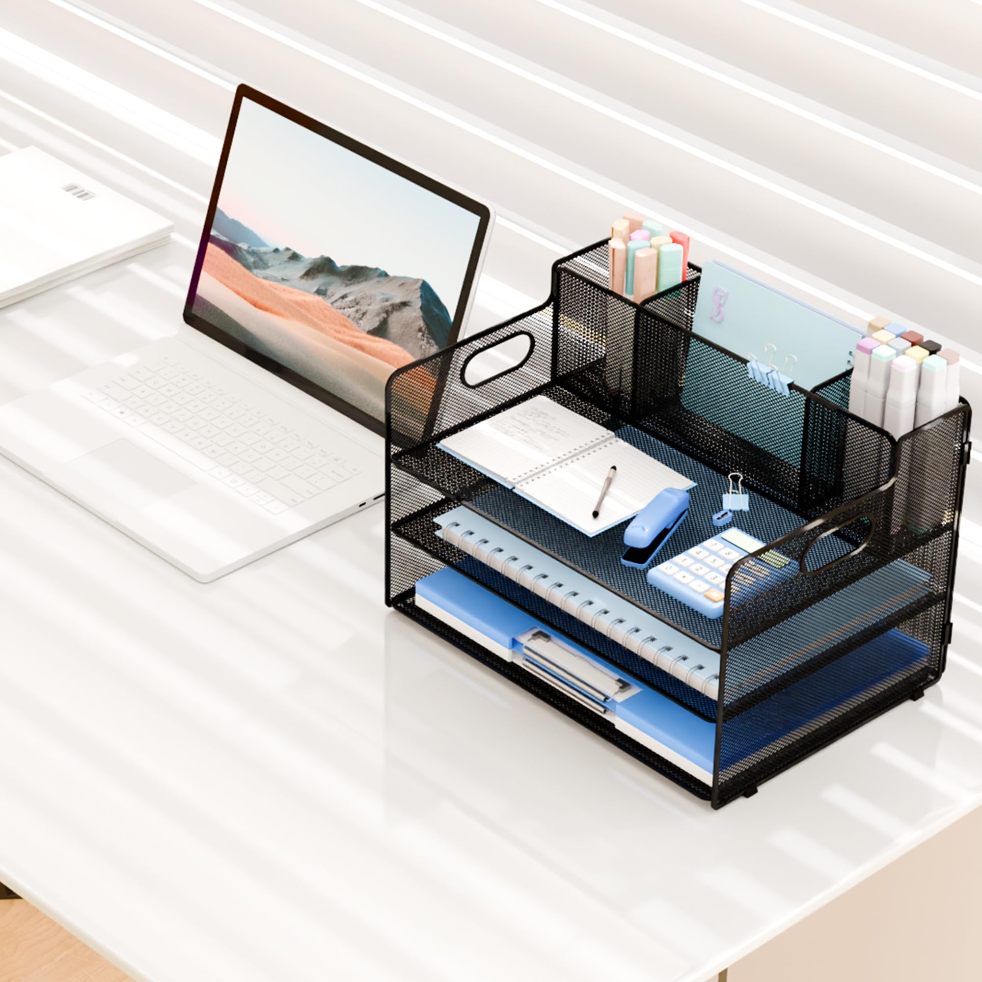 Desk Organizer with pen holders, 3-Tier Letter Paper Tray Organizer with 3 Pen Holder, Desk Organizers and Accessories, Mesh Desktop File Organizer and Storage for Office Supplies Black