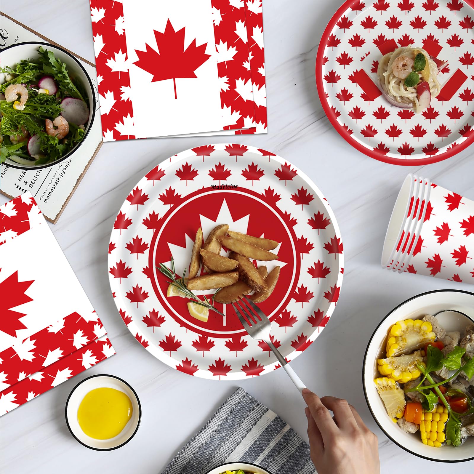 SINGOMON 96PCS Canadian Flag Plates and Cutlery Set Canada Day Dinnerware Set Dinner Plates Disposable Paper Plate Party Cups Paper Napkins for 1th of July Canadian National Day Canada Day Decorations