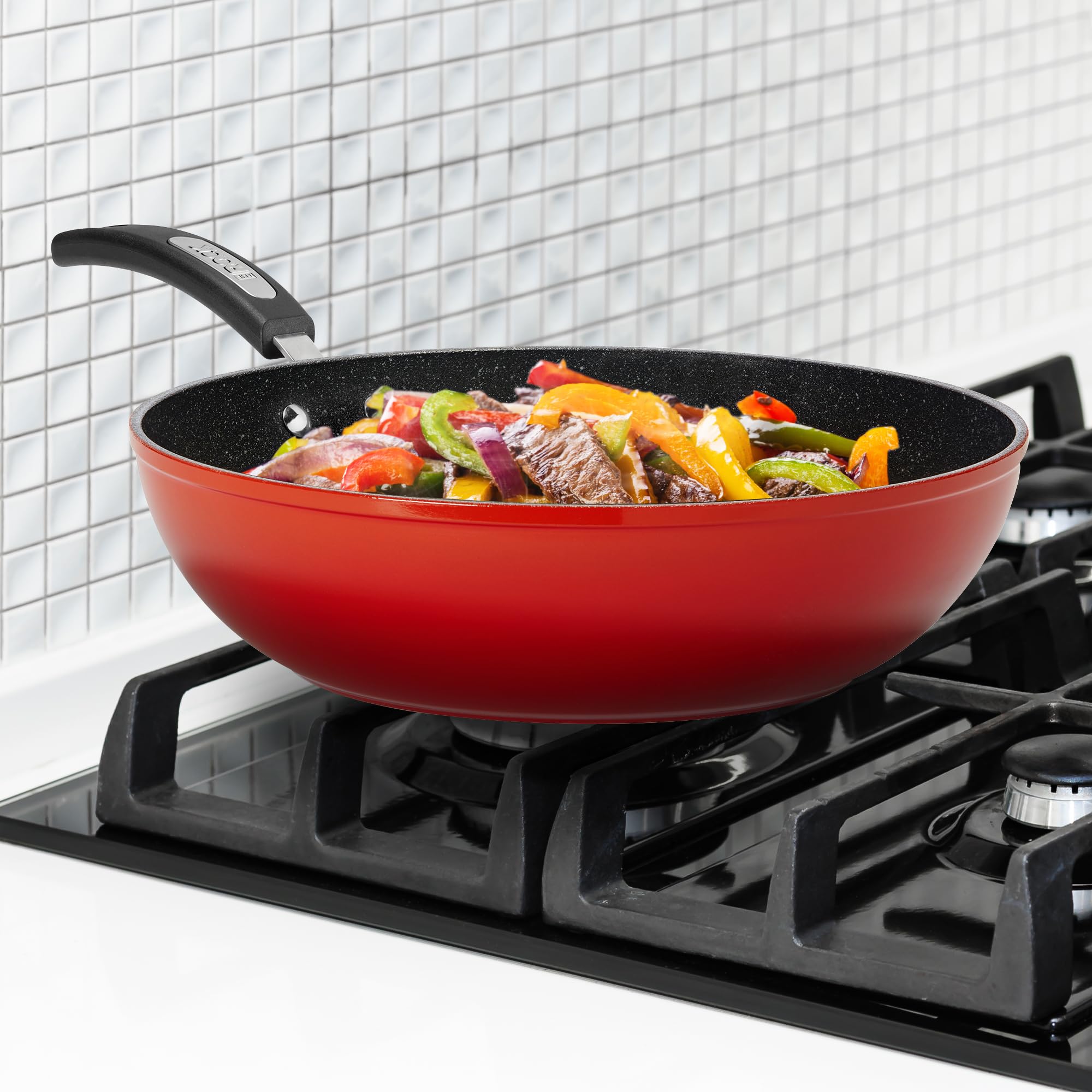 Starfrit The Rock 11'' (28cm) Non-Stick Stir Fry Pan - Durable Forged Aluminum - Oven Safe - Easy to Clean - Red