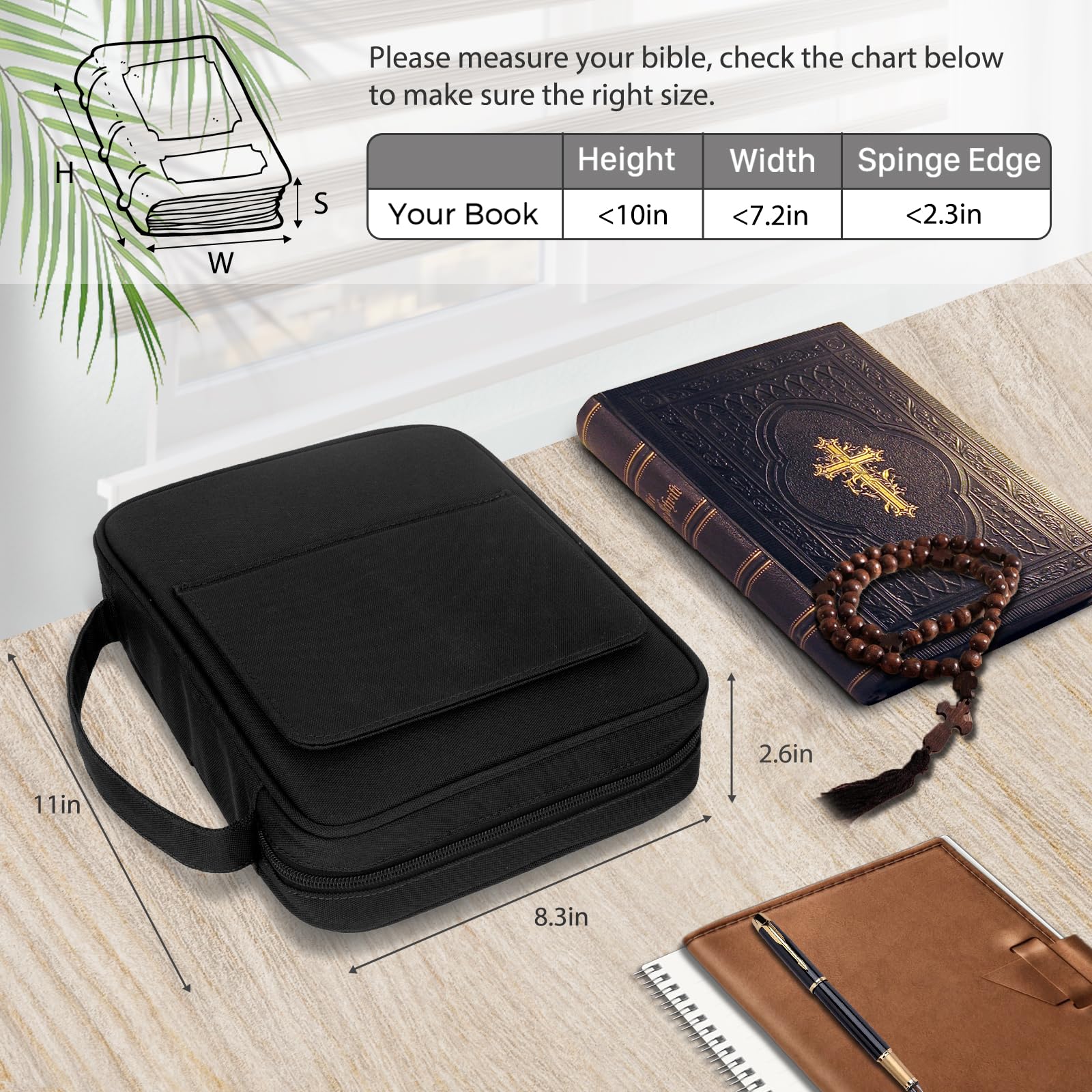 Bible Covers for Men & Women, Bible Case Carrying Church Bag with Book Stand, Bible Bag with Handle, Zipper and Multi-Pockets for Scripture Study Bible Protector (Black)