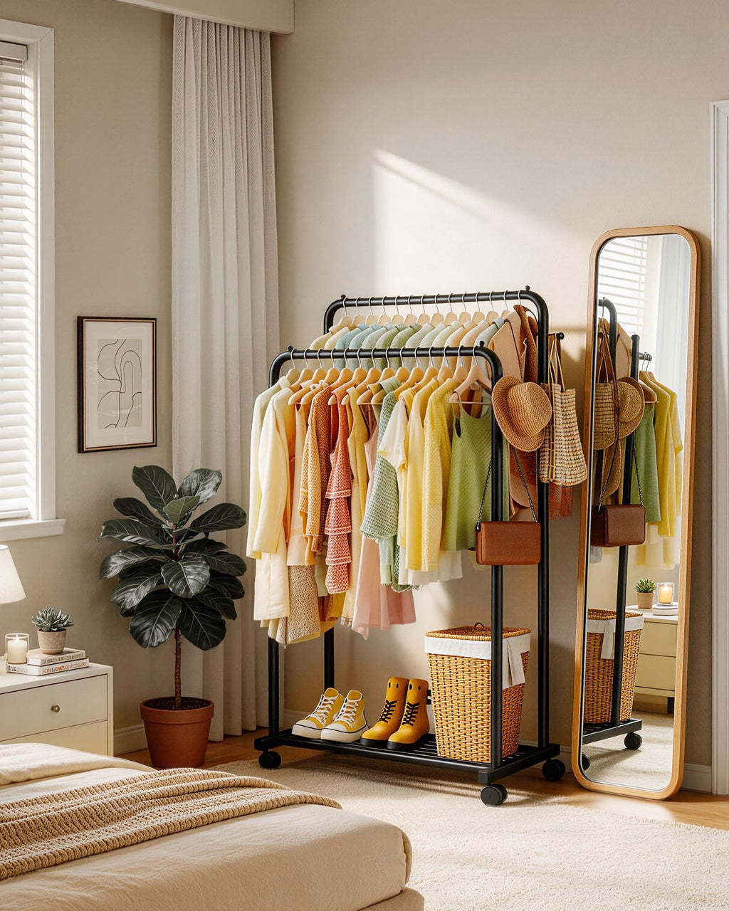 Sakugi Clothing Rack - Double-Rod Coat Rack with Hooks & 4 Universal Wheels, Movable Metal Clothes Rack with Mesh Shelf for Clothes Storage, 73 x 42 x 150 cm, Black