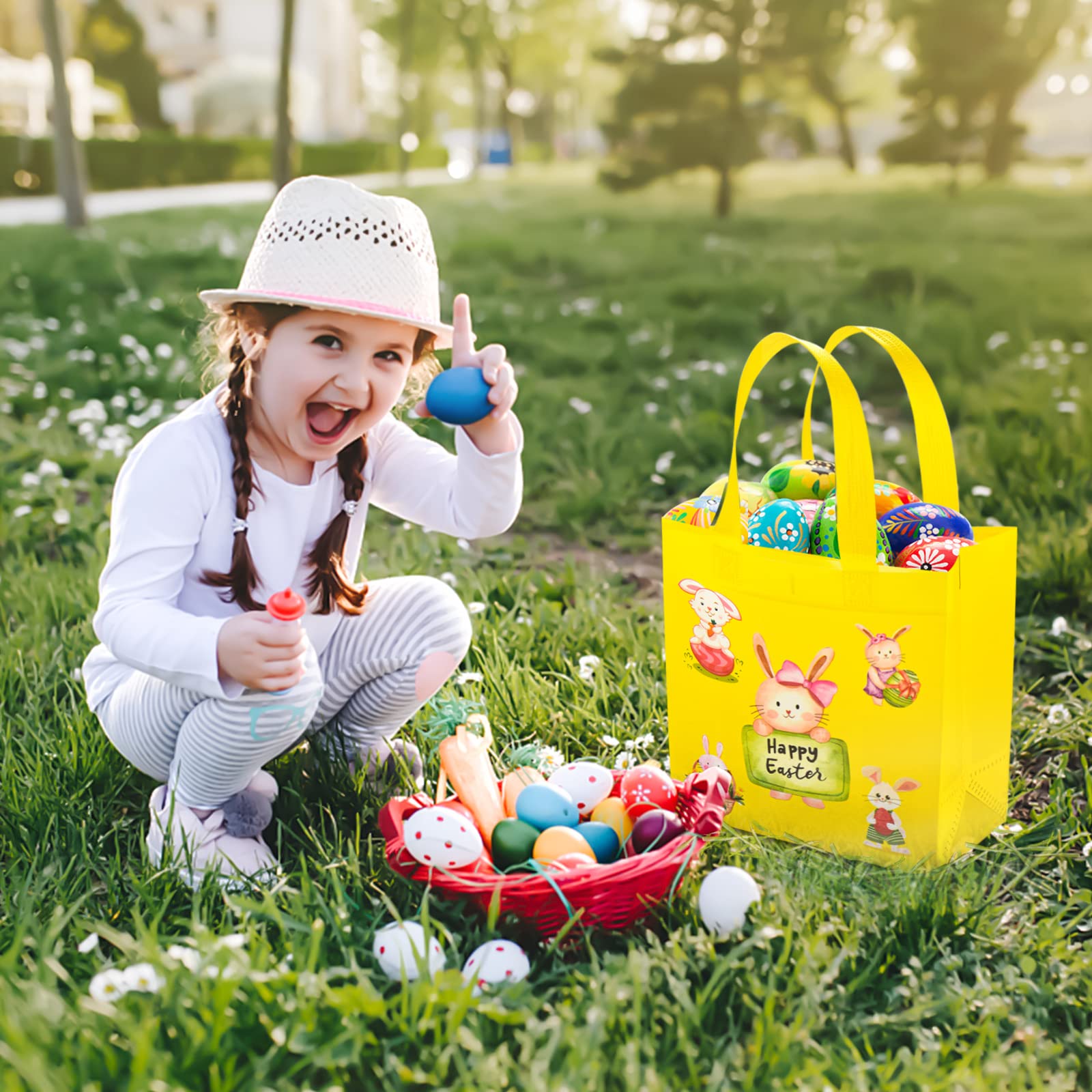 AhfuLife Easter Gift Bags with Handles, Easter Egg Hunt Bags for Kids, Reusable Non-woven Easter Rabbit Bunny Bag for Easter Egg Hunt Party Supplies Decorations, 9"×4.33"×8.46" (Easter medium bags 12pcs)