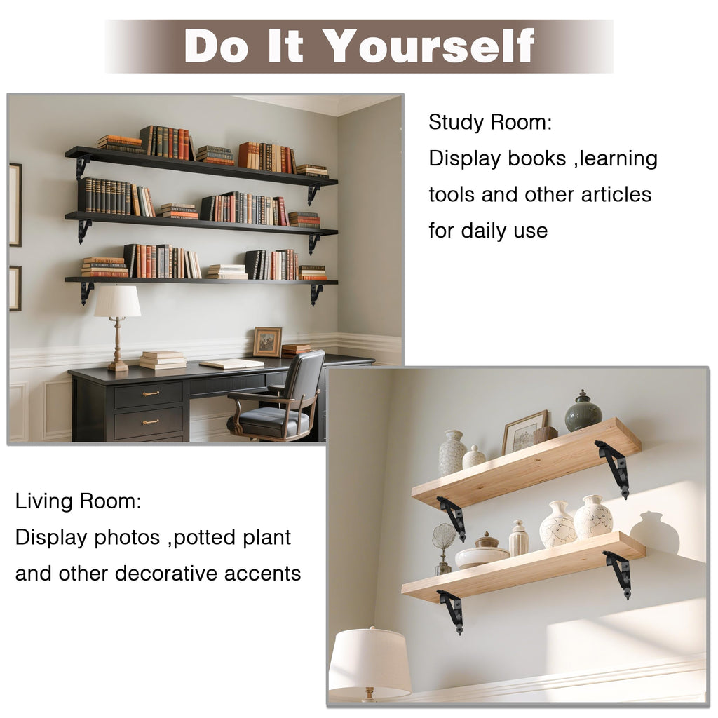 OVOV 4 Pack Decorative Shelf Brackets 6 inch Black L Brackets for Shelves Wall Mounted Heavy Duty Metal Corner Brace Shelving Support with Screws