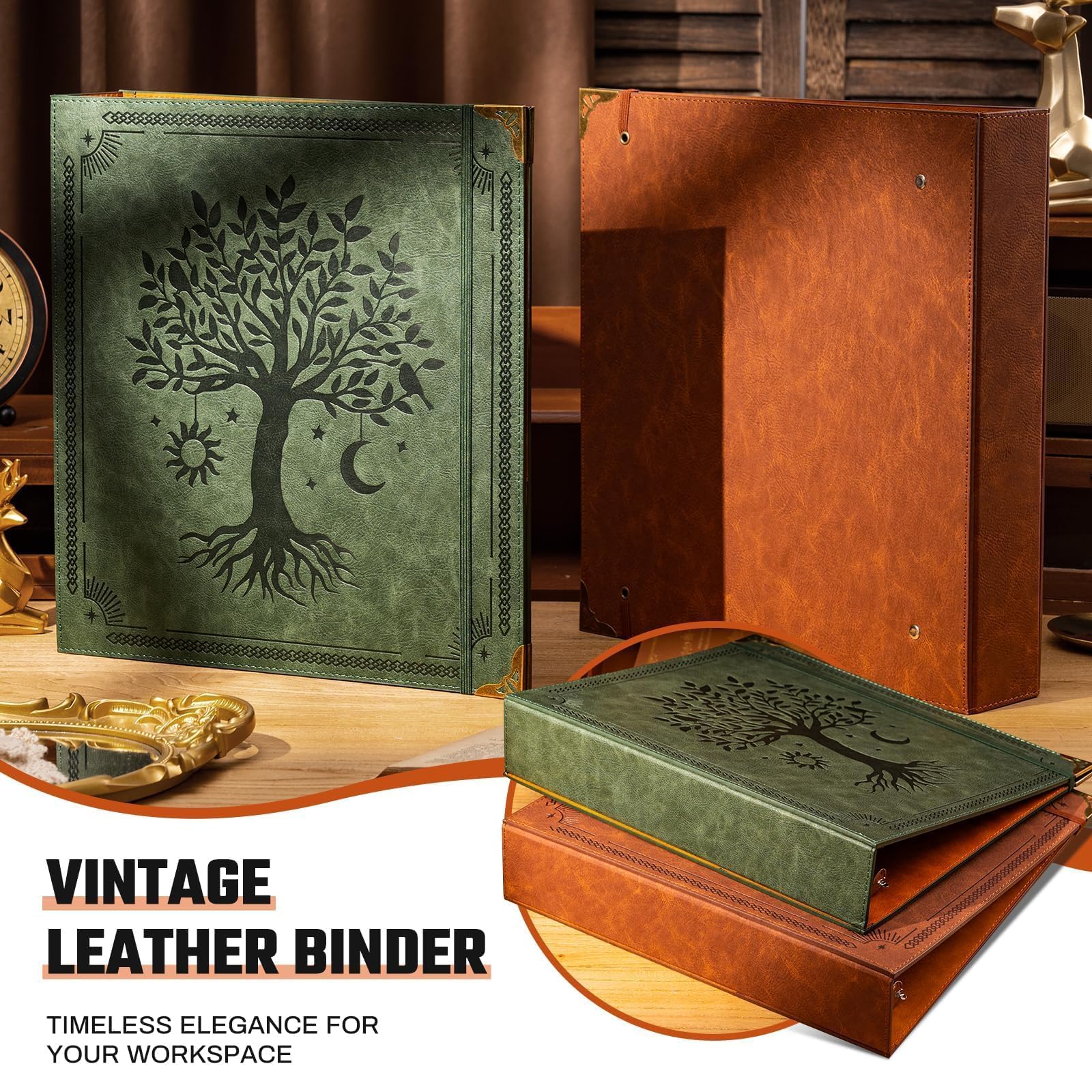 Ovesmusl Leather D Ring Binder Fits 8.5"x11" Letter Size Paper, 2 Inch EZD Ring Binders Holds 550 Sheets, Notepad Paper Cover Loose Leaf Organizer with Inner Pockets, Green Tree
