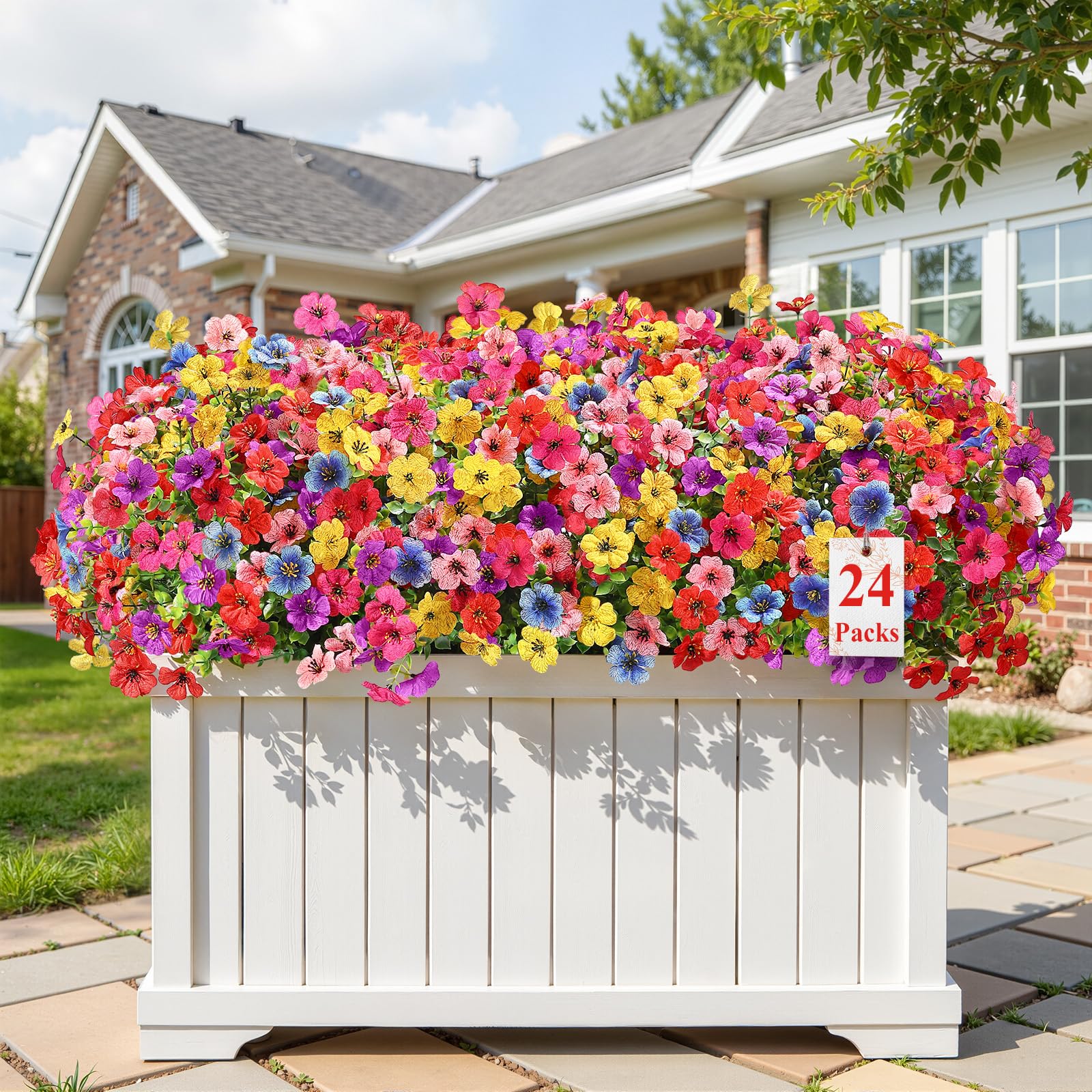 Alupssuc 24 Bundles Artificial Flowers for Outdoors Decoration, UV Resistant Silk Faux Floral Spring Fake Plastic Plants Greenery for Outside Indoor Home Garden Porch Window Box Decor, Mix 6 Colors