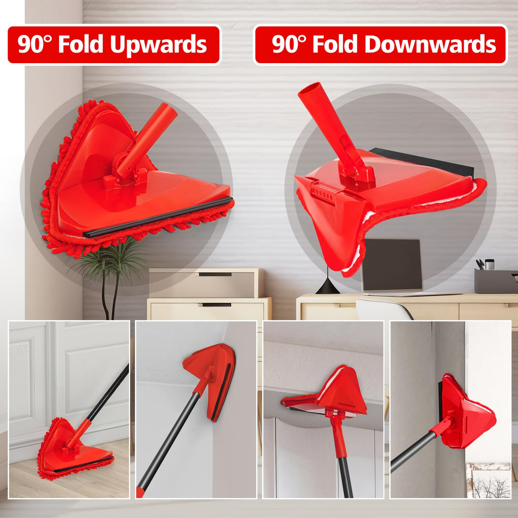 NEWE Wall Mop Cleaner, 80 inches Long Handle, 180° Folding Ceiling Cleaning Tool with Squeegee for Washing Painted Walls, Triangle Baseboard Scrubber with 3 Chenille Duster and 3 Microfiber Pads (Red)