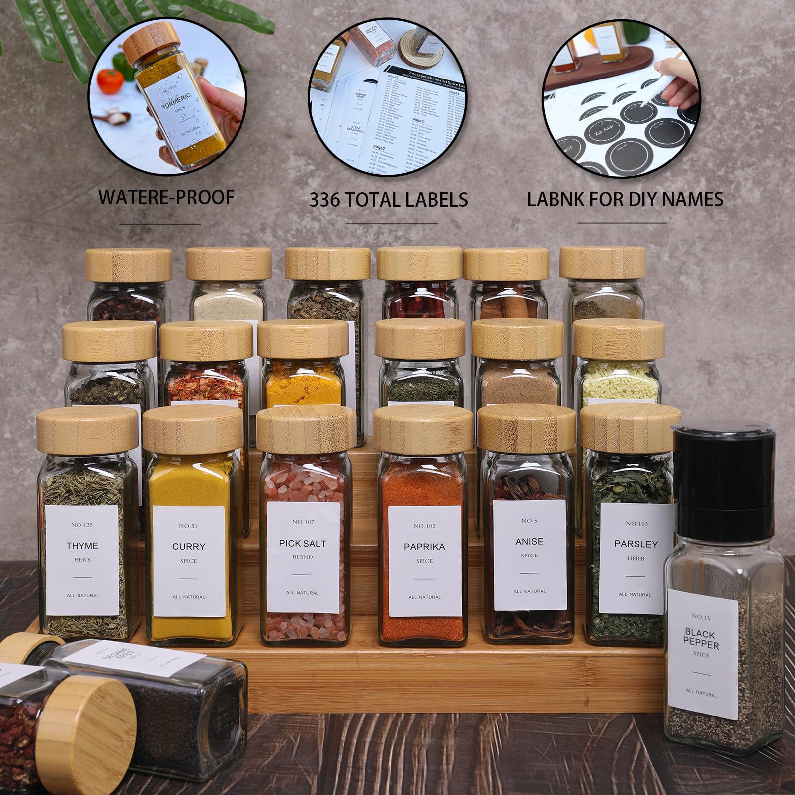 AOOEVAL 24 Pcs Spice Jars with Bamboo Lids and Spice Grinder,4 oz Glass Spice Organizer with 336 Spice Labels, Spice Funnel,Chalk and Brushes,Containers Bottles Great for Spice & Herb