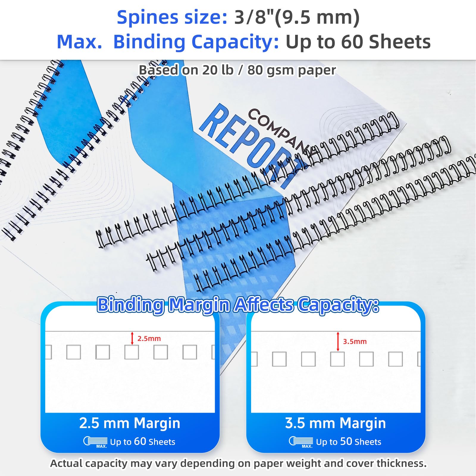 Rayson Double Loop Binding Wires 3/8 Inch - 3 to 1 Pitch Wire Binding Capacity 60 Sheets, 11 inch Length, 32-Loop Black Wire Ring Pack of 100 to Bind Reports and Projects