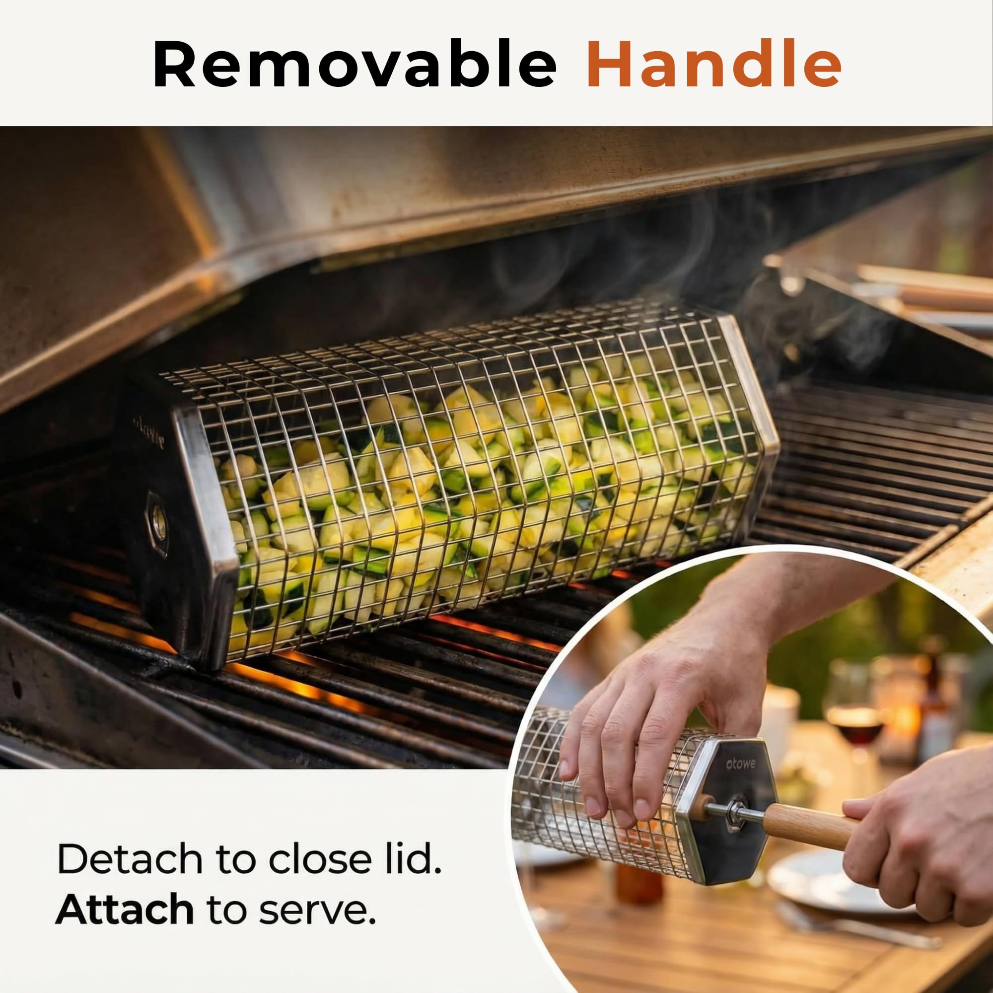 2 Pack Rolling Grill Basket – Stainless Steel Grilling Basket with Lid and Removable Wooden Handle – BBQ Accessories for Vegetables, Shrimp, Meat – Outdoor Cooking Gift for Dad or Husband