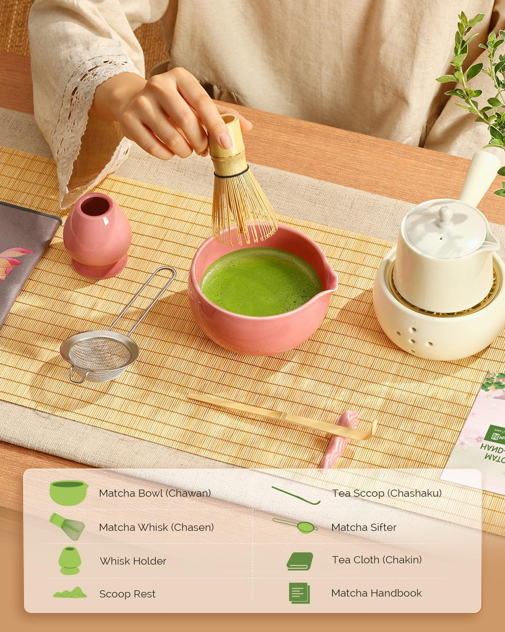 Maestri House Matcha Whisk Set, 7 Pcs Ceramic Matcha Kit with Spouted Bowl, Matcha Whisk & Holder, Bamboo Scoop, Scoop Rest, Sifter & Cloth – Complete Matcha Gift Set for Beginners & Tea Lovers（Pink）