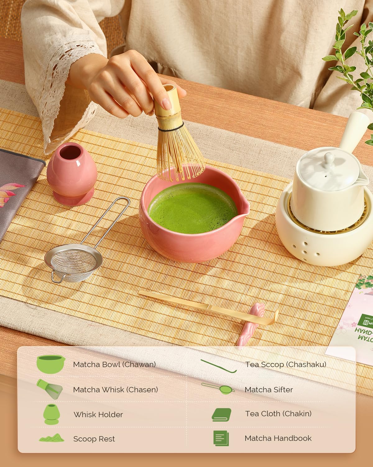 Maestri House Matcha Whisk Set, 7 Pcs Ceramic Matcha Kit with Spouted Bowl, Matcha Whisk & Holder, Bamboo Scoop, Scoop Rest, Sifter & Cloth – Complete Matcha Gift Set for Beginners & Tea Lovers（Pink）