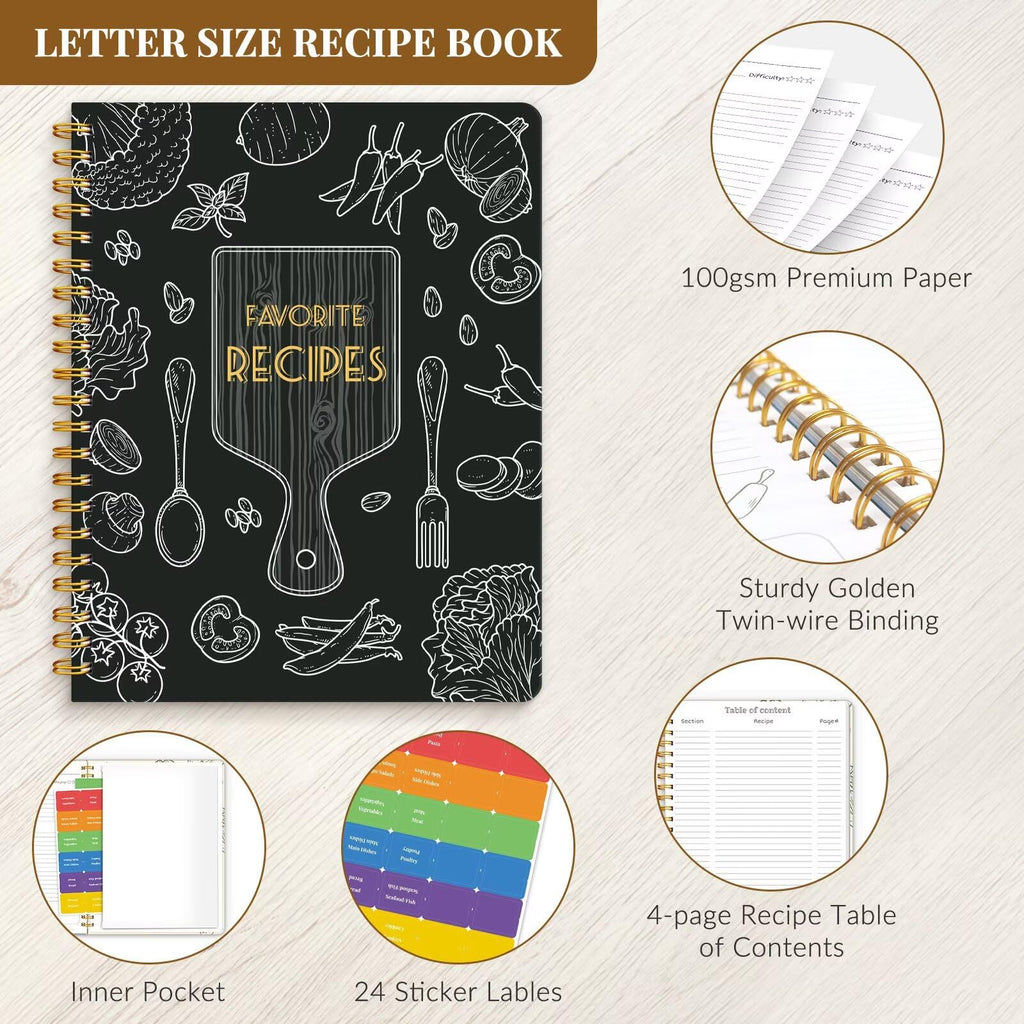 LuBudingJoy Blank Recipe Notebook to Write in Your Own Recipes, Full Page Sprial Hardcover Personal Recipe Organise, Recipe Journal Hold 140 Recipes (Black)