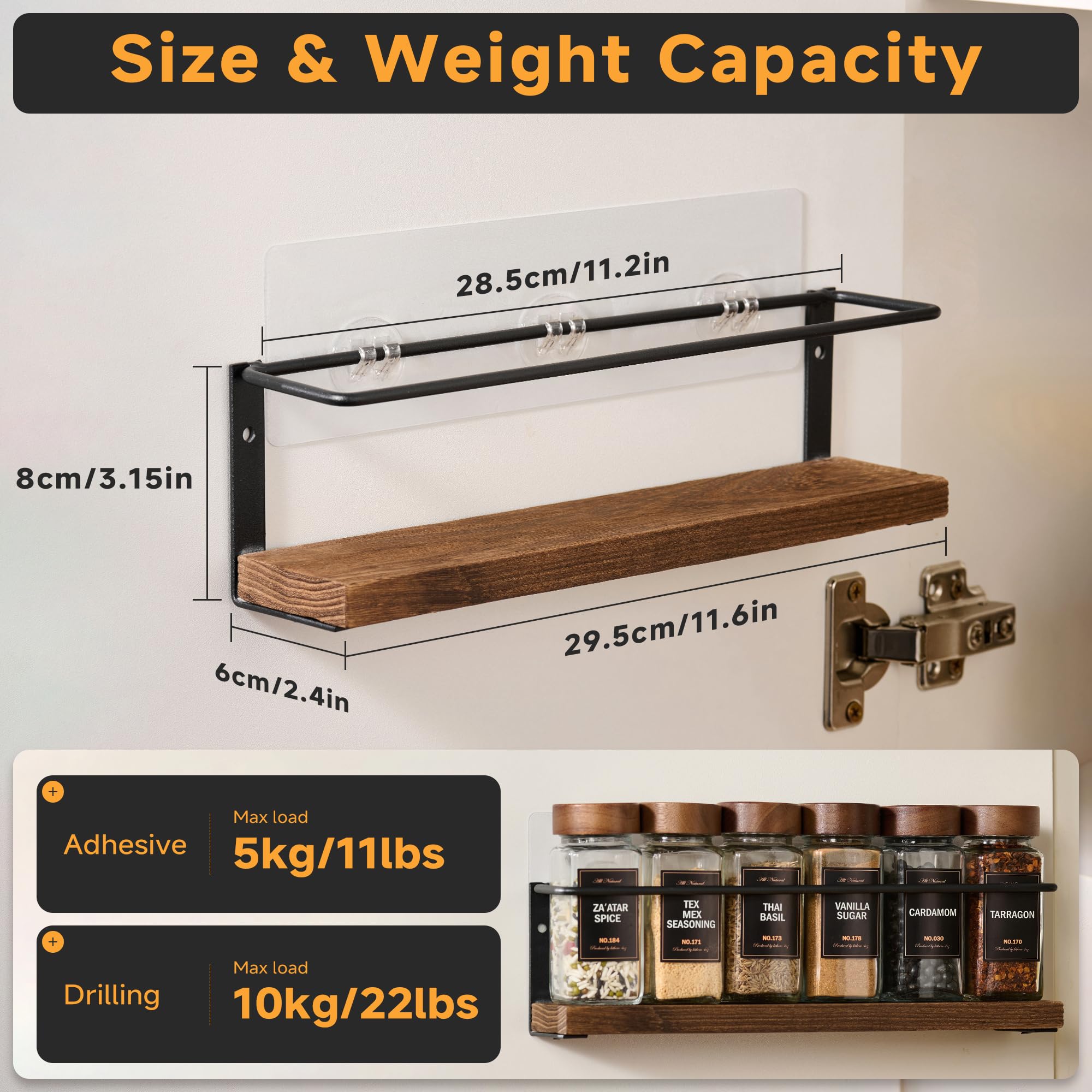 KitHero 4-Tier Wall Mount Spice Rack Organizer- Screw/Adhesive Mount, Black Metal & Wood Spice Storage for Kitchen Pantry Cabinet, 11.6”L x 2.4”W x 3.2”H